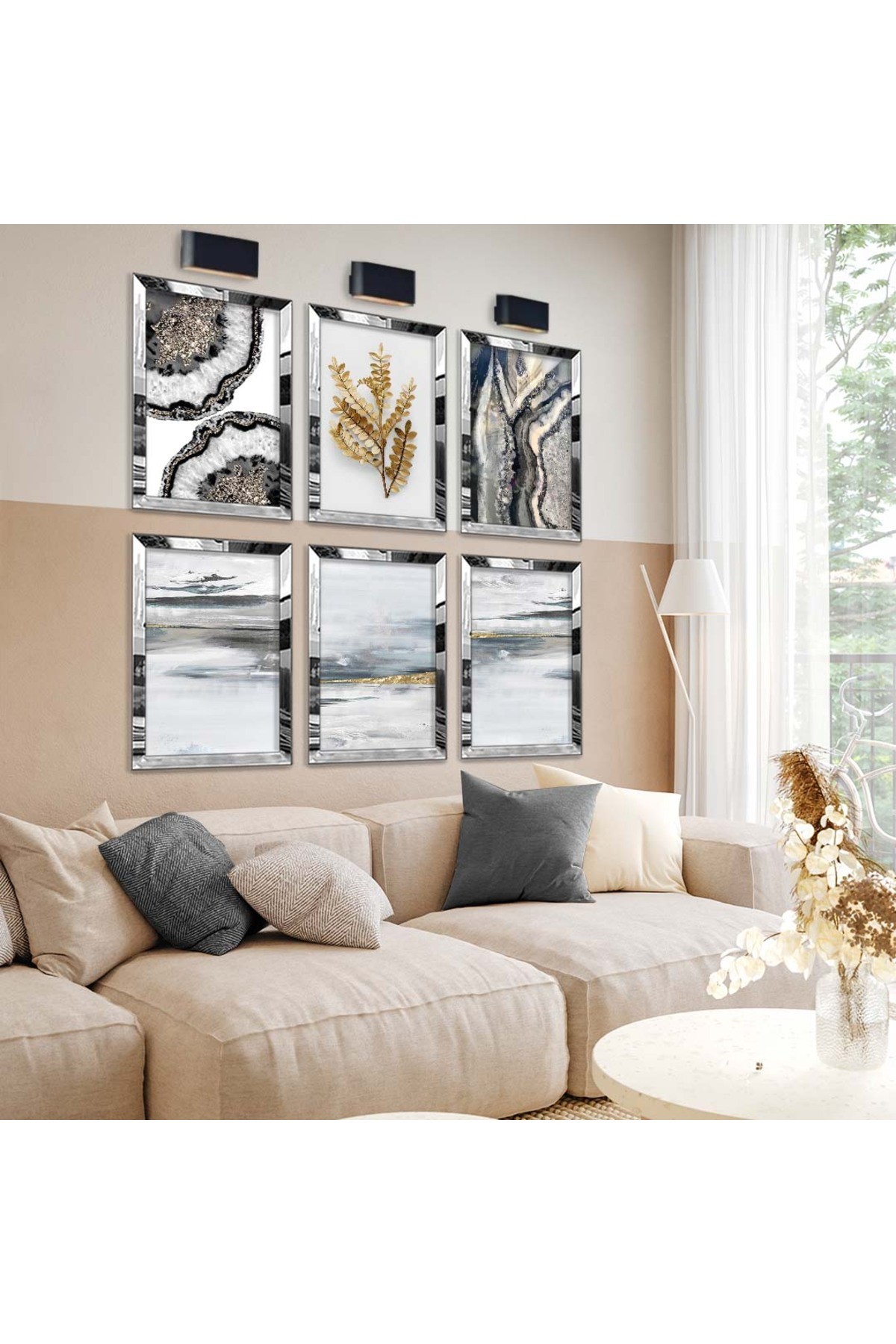 Modern Tablo Soyut Tema Modern Çizim 6'Lı Pleksi Kenar Solmaz MDF Tablo Seti