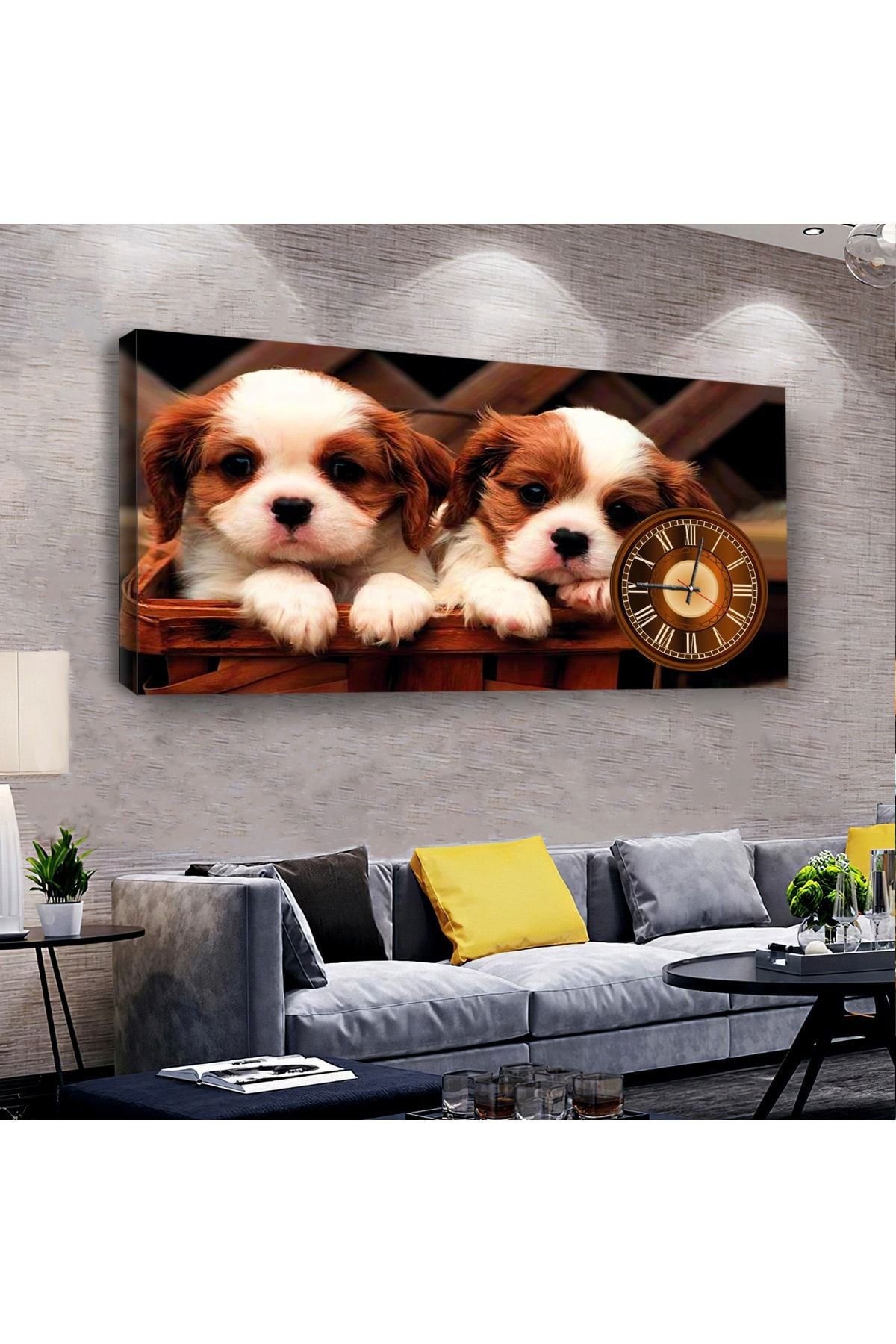 Kanvas Sepetin Içinde Sevimli Yavru Köpekler Saatli Tablo
