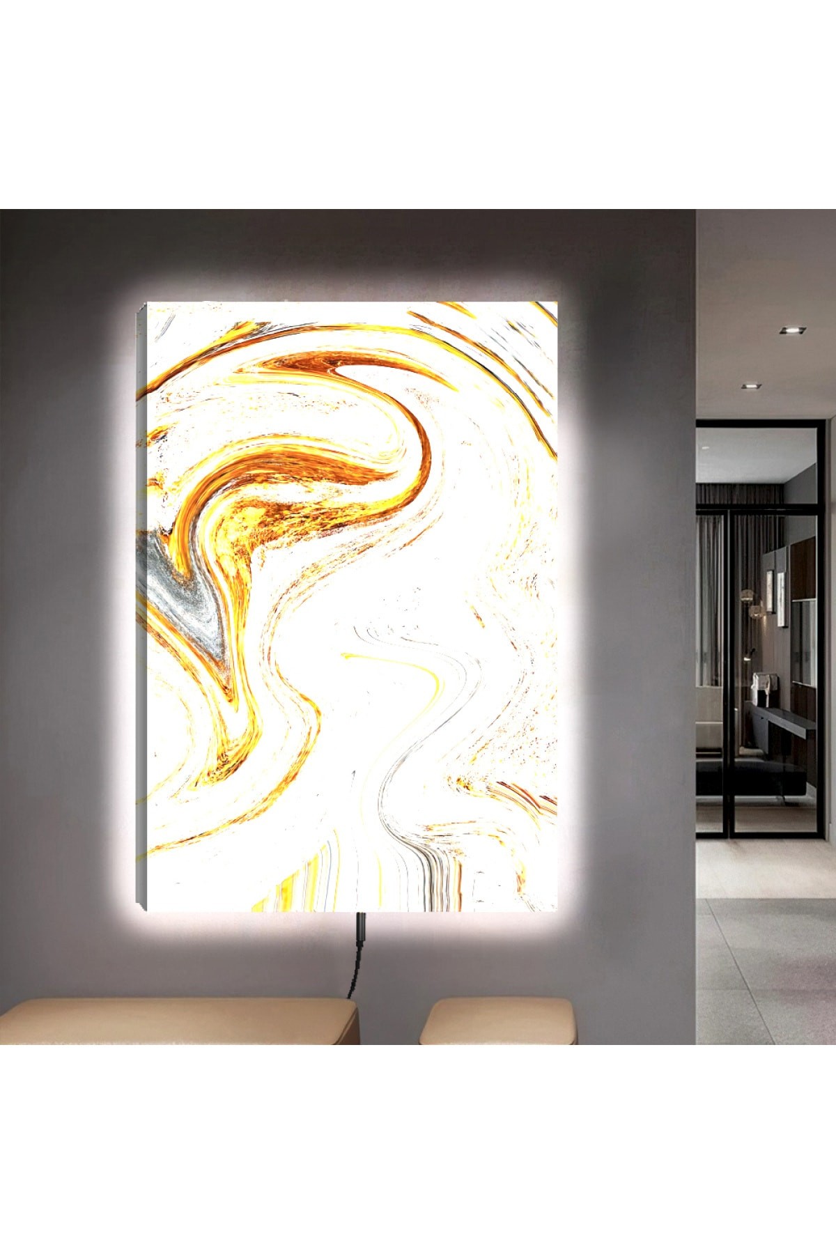Tasarım Ledli Kolaj Çizim Ahşap Şase Dijital Baskı Kanvas Tablo 90X60Cm