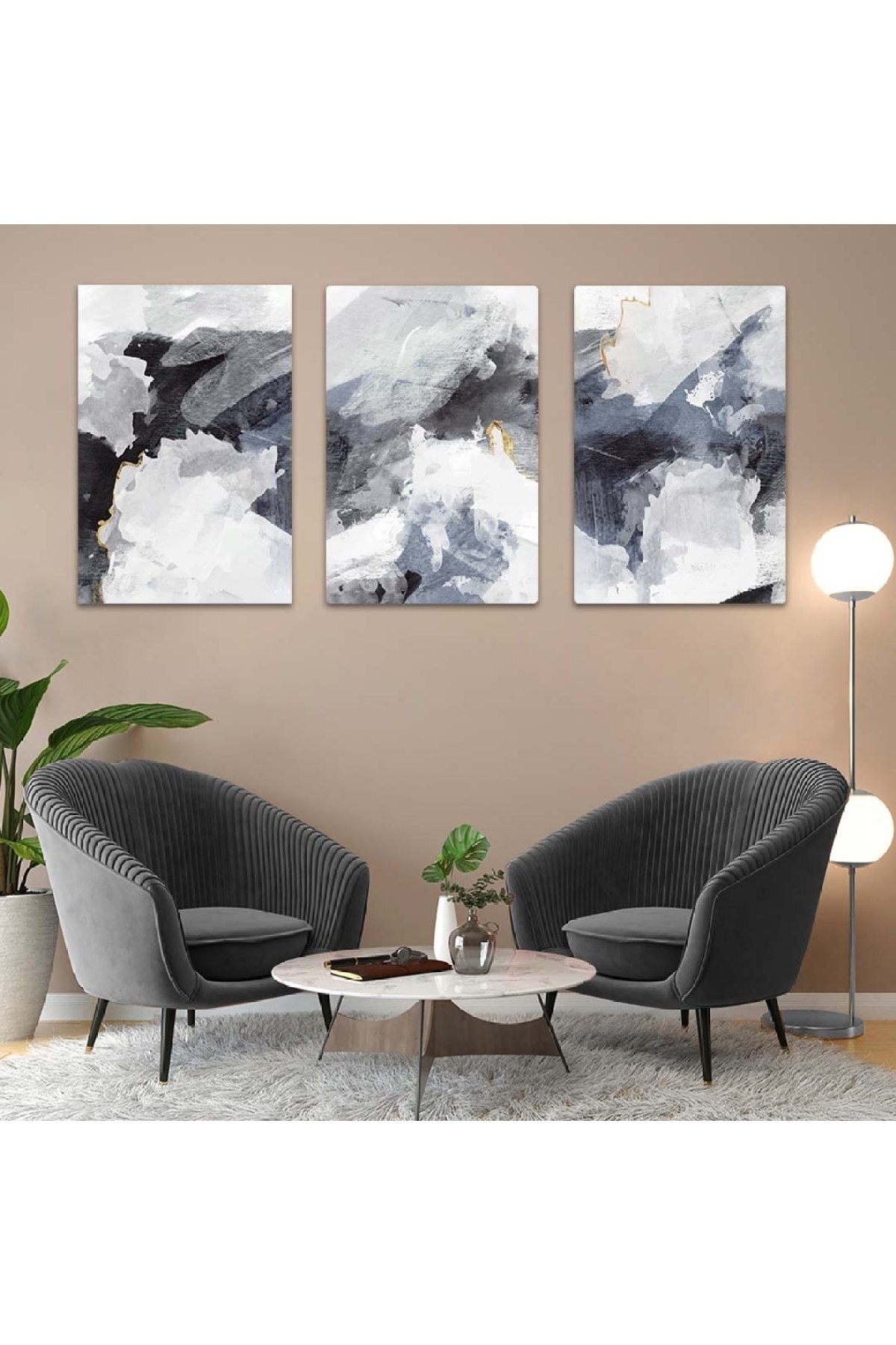 Özel Tasarım Minimalist Tablo Soyut Desen 3'Lü Solmaz MDF Tablo Set