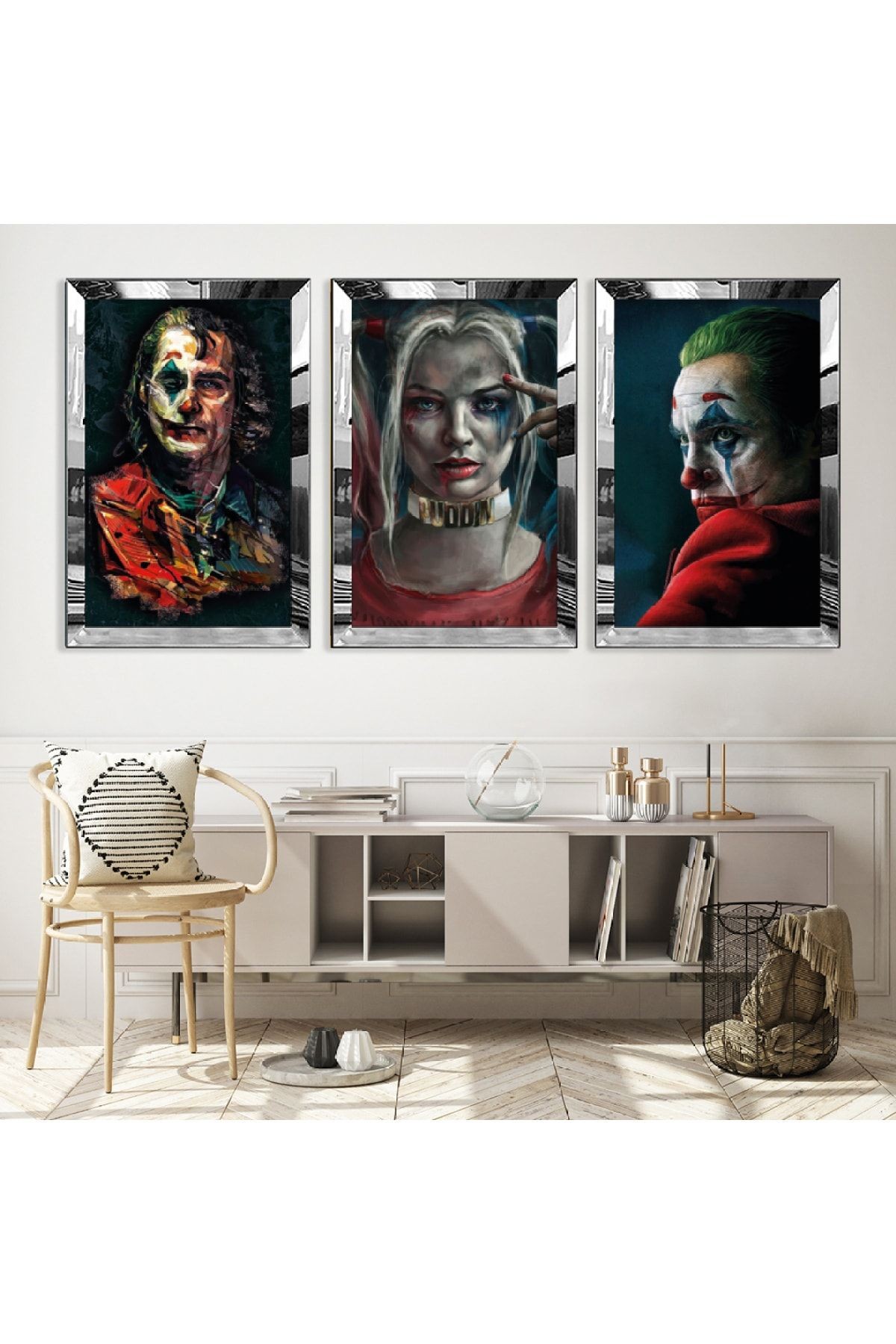 Gold Aynalı Pleksi Çerçeveli Joker Karakter Üçlü Mdf Tablo Seti