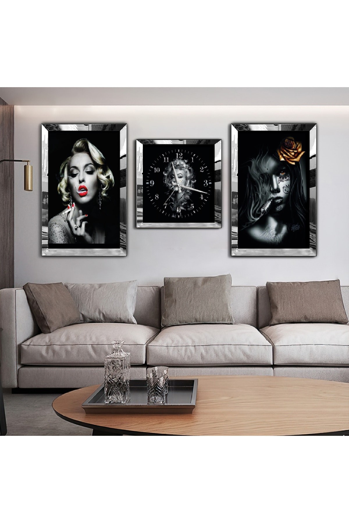 Marilyn Monroe Aynalı Gold Pleksi Çerçeveli Solmaz MDF Tablo Ve Saat Seti