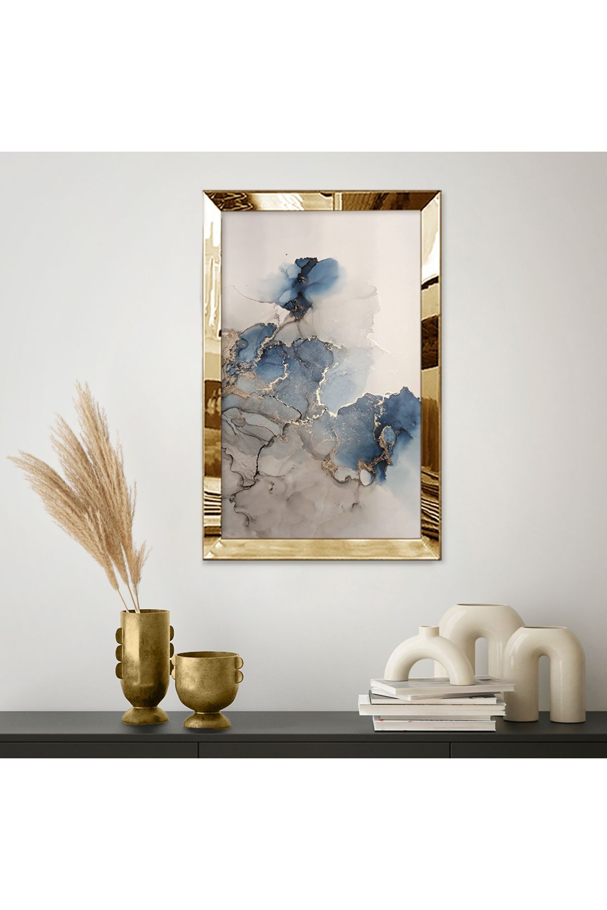 Gold Aynalı Pleksi Çerçeveli Modern Mavi Kahverengi Mermer Çiçek Desenli Soyut Çizim Mdf Tablo