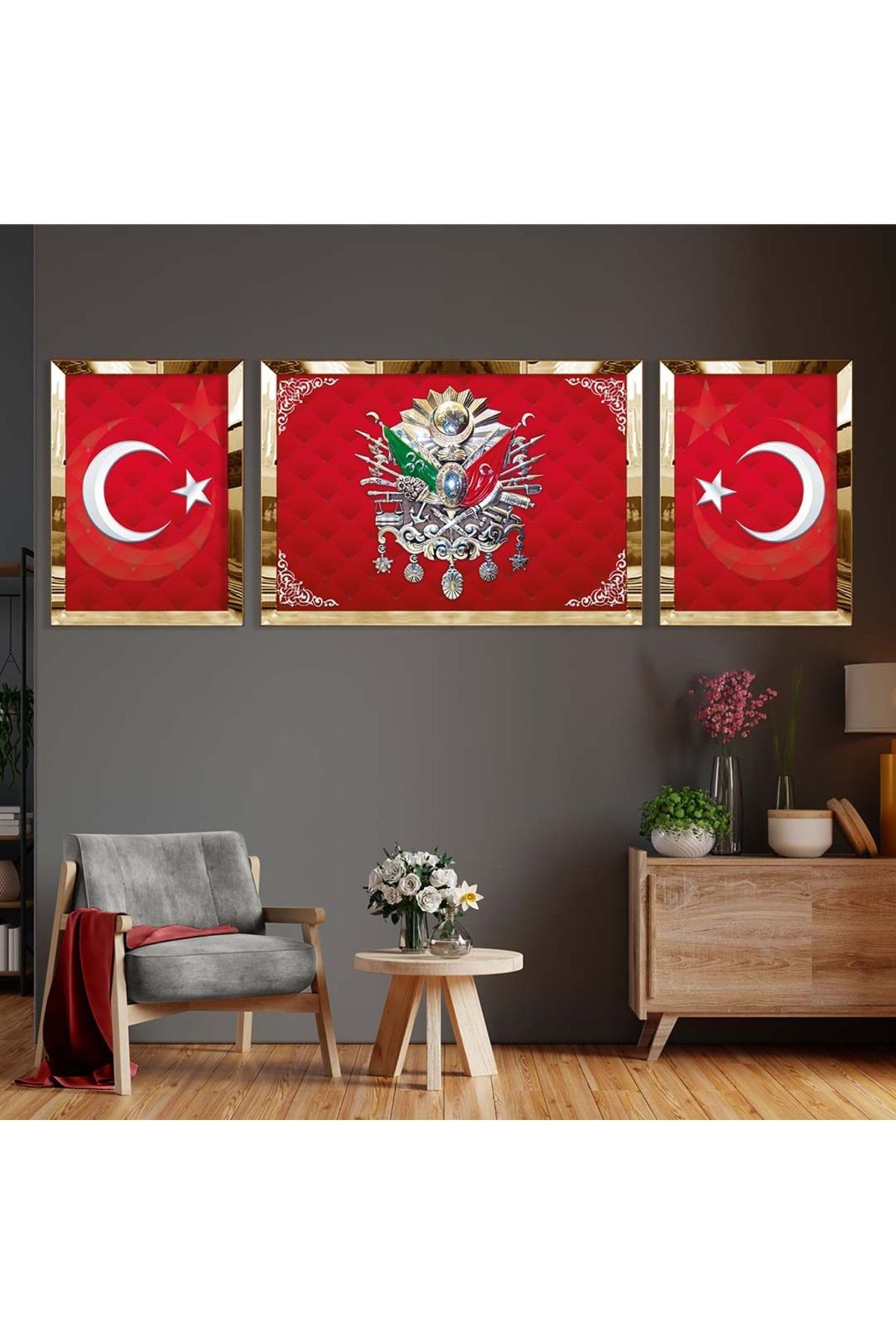 Gold Aynalı Pleksi Çerçeveli Üçlü Kırmızı Arka Planlı Beyaz Desenli Osmanlı Tuğrası Mdf Tablo Seti