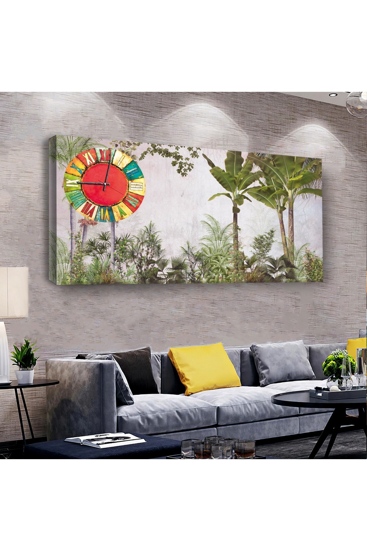 Yeşil Bitki saatliAhşap Şase Dijital Baskı Kanvas Tablo 100X50Cm