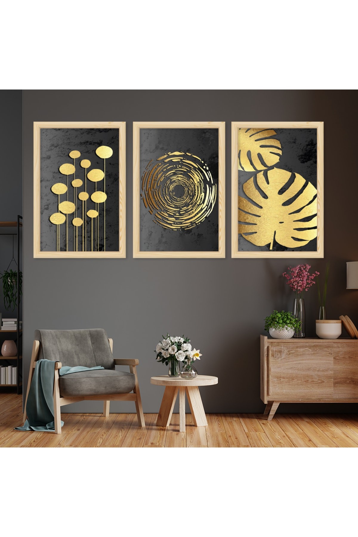 Modern Modern Tablo Ahşap Çerçeveli Kolaj Çizim Çiçek Tablo