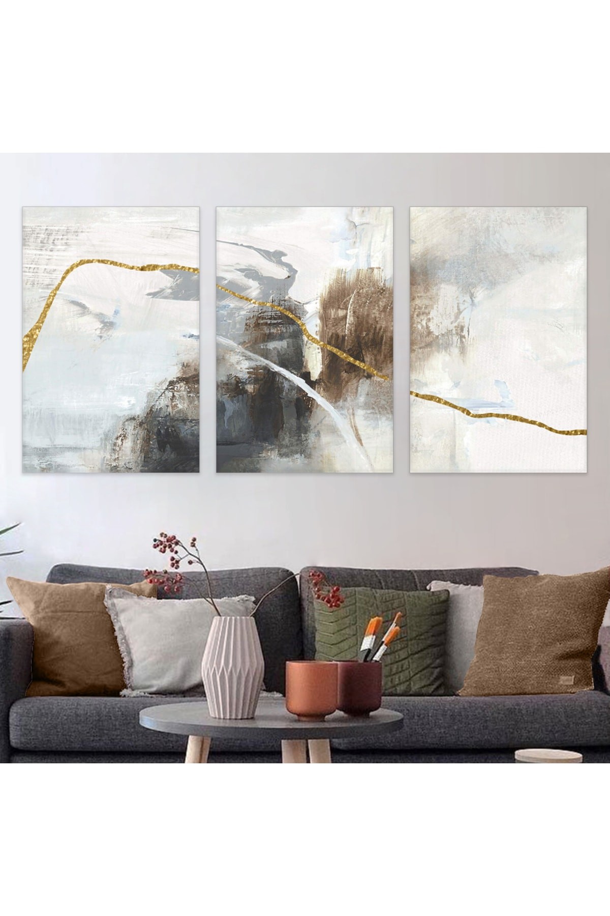 Renkli Minimalist Tablo Soyut Desen 3'Lü Ahşap Şase Dijital Baskı Kanvas Tablo