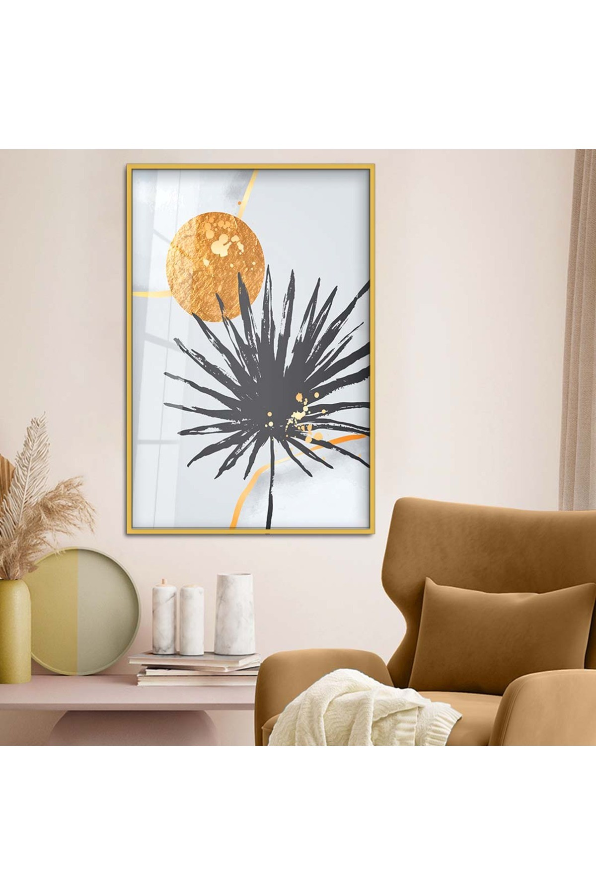 Modern Tablo Kolaj Çizim Yaprak Desen Metal Çerçeveli UV Baskı Kırılmaz Cam Tablo