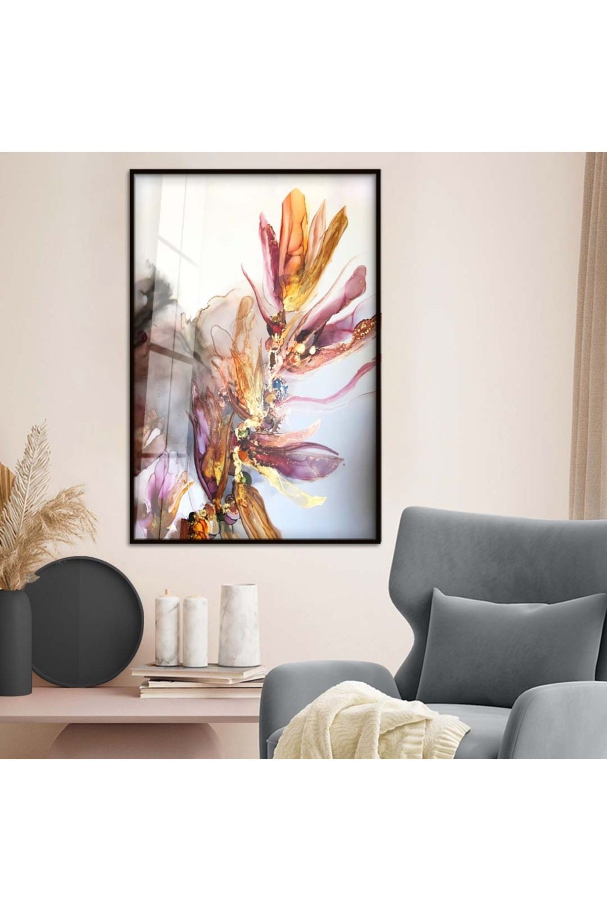 Gümüş Metal Çerçeveli Renkli Çiçek Modern Çizim Kırılmaz Cam Tablo
