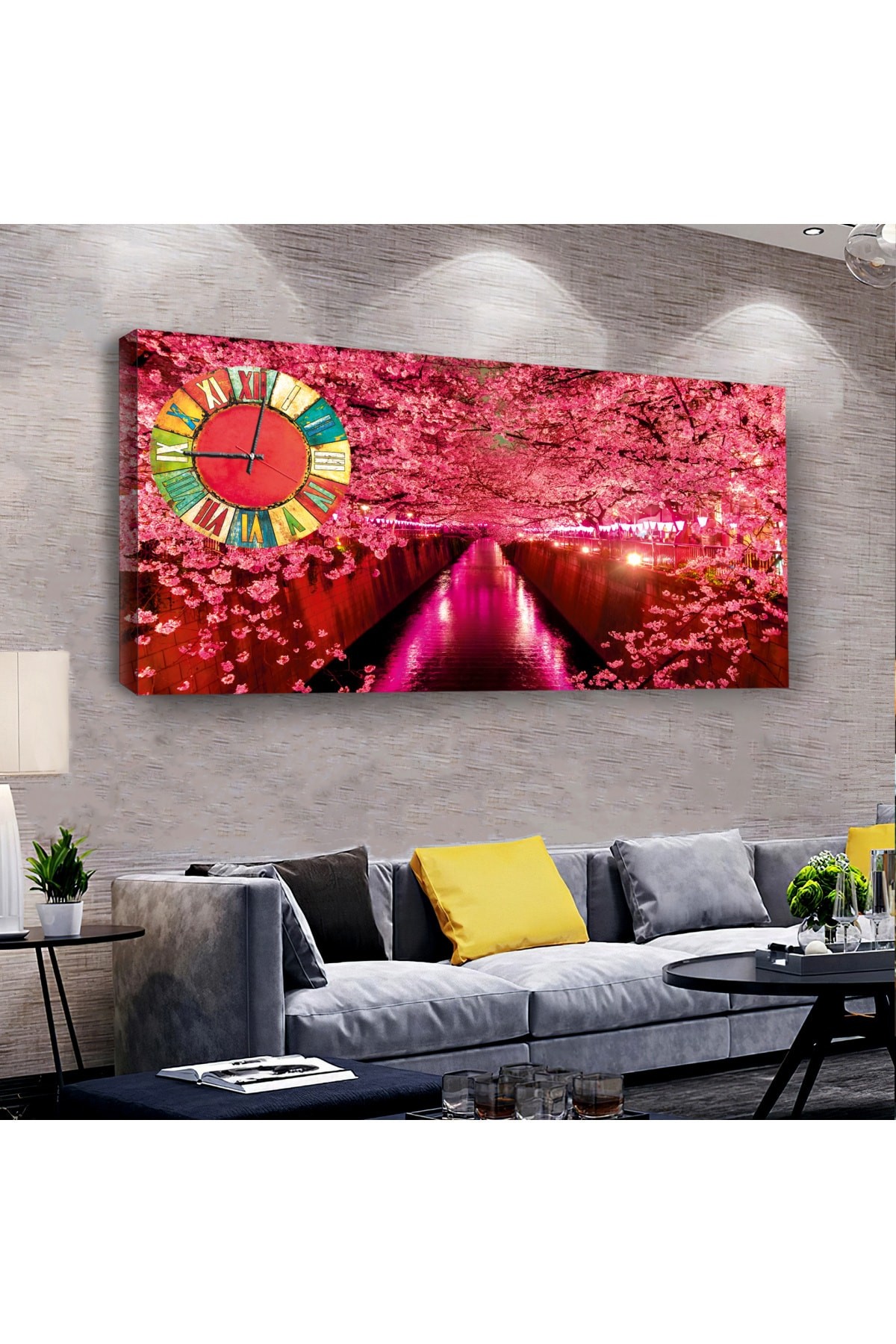Pembe Ağaçlı Yol saatliAhşap Şase Dijital Baskı Kanvas Tablo 100X50Cm