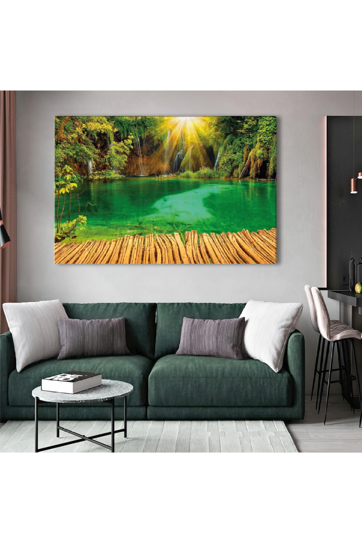 Göl Kenarı Manzara Ahşap Şase Dijital Baskı Kanvas Tablo 120X80Cm