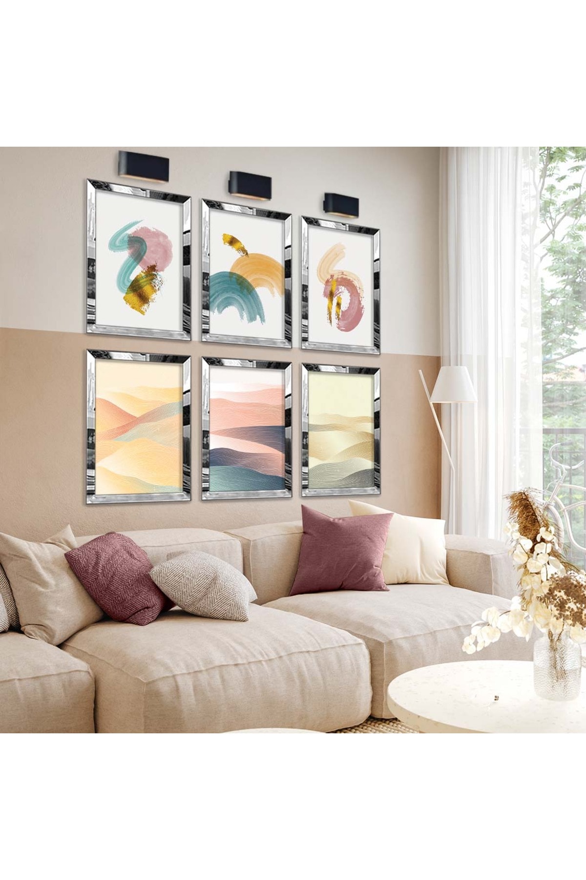 Modern Tablo Soyut Çizim Modern Tema 6'Lı Pleksi Kenar Solmaz MDF Tablo Seti