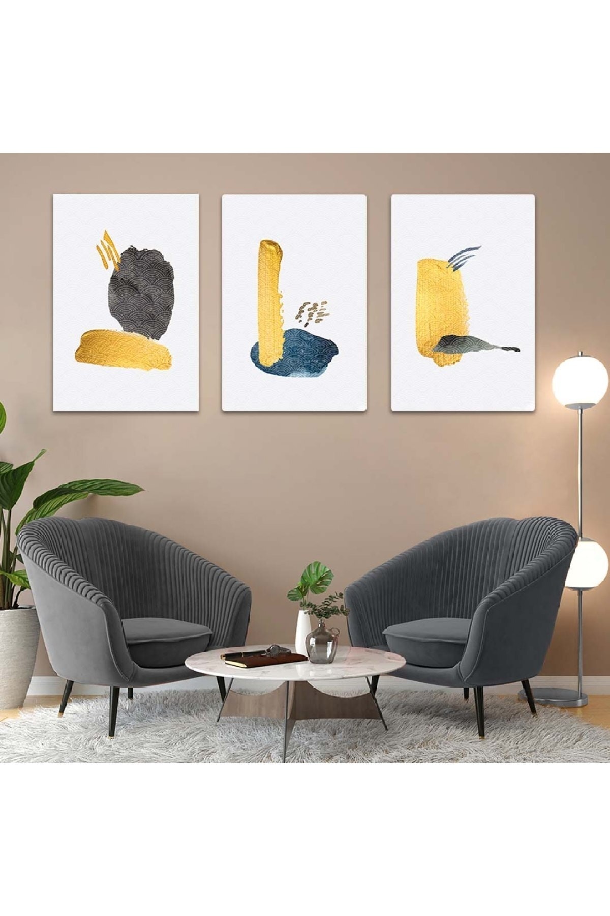 Modern Tablo Soyut Desen Şekiller 3'Lü Solmaz MDF Tablo Set