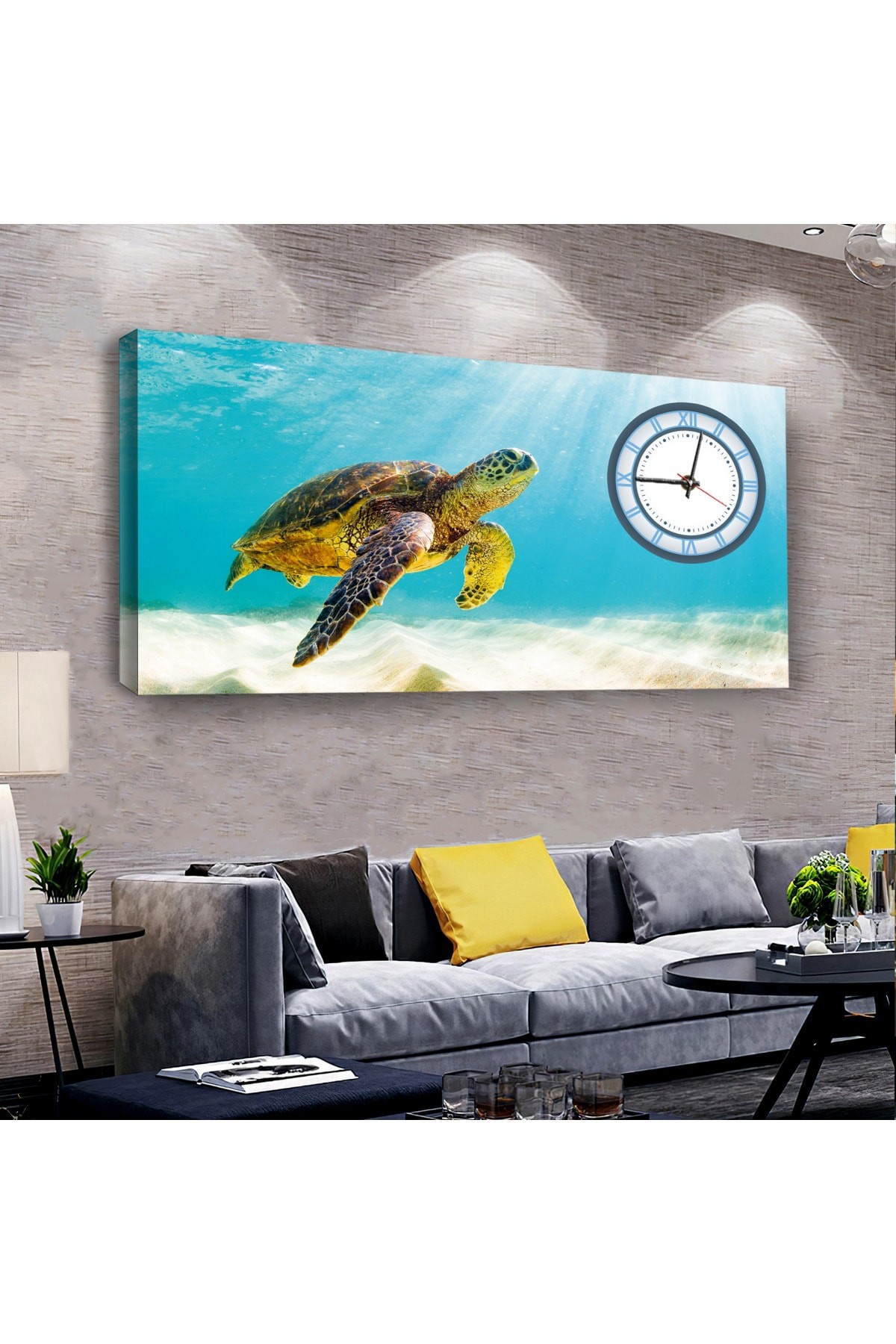 Kaplumbağa saatliAhşap Şase Dijital Baskı Kanvas Tablo 100X50Cm