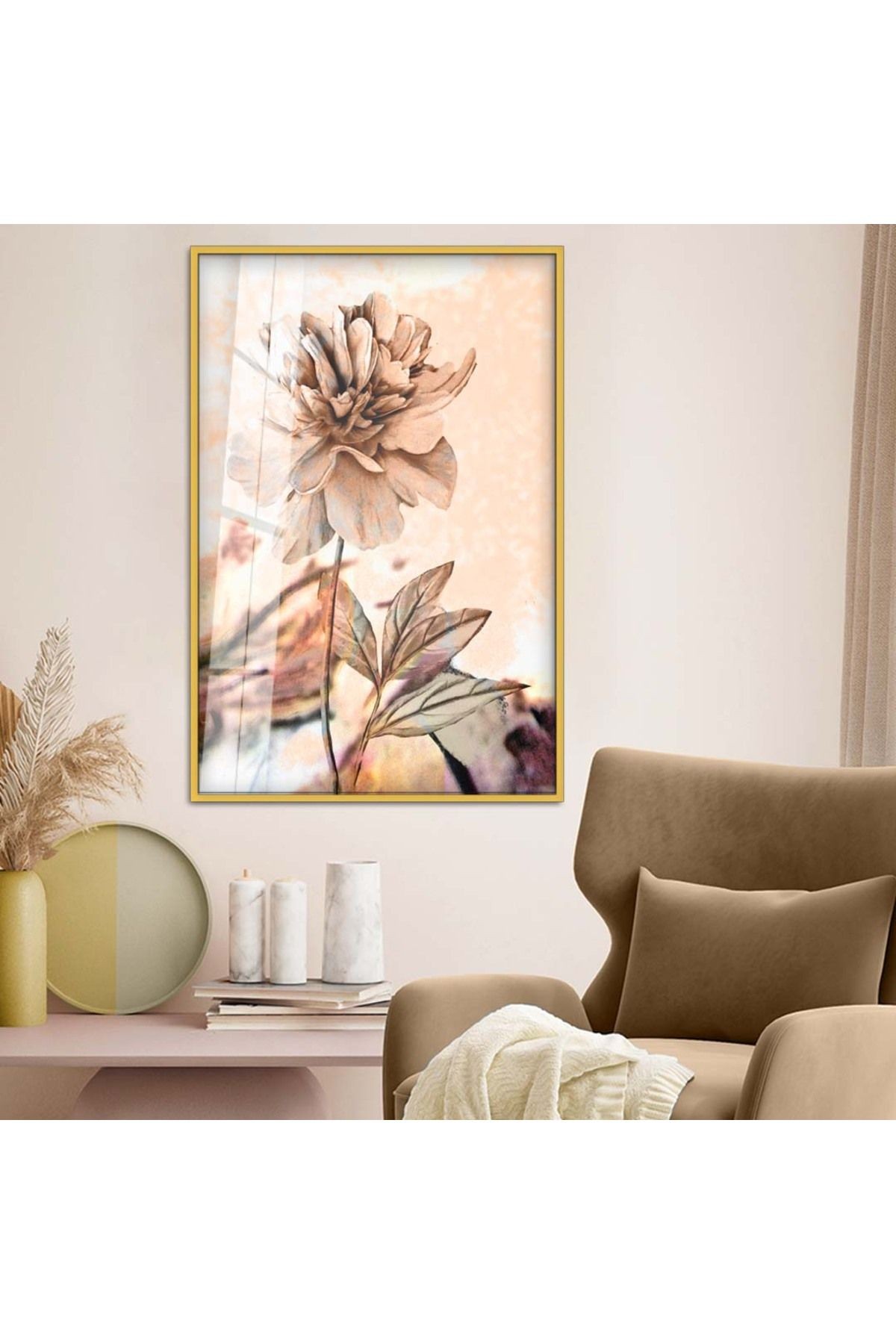 Gold Metal Çerçeveli Çiçek Desen Modern Çizim Kırılmaz Cam Tablo
