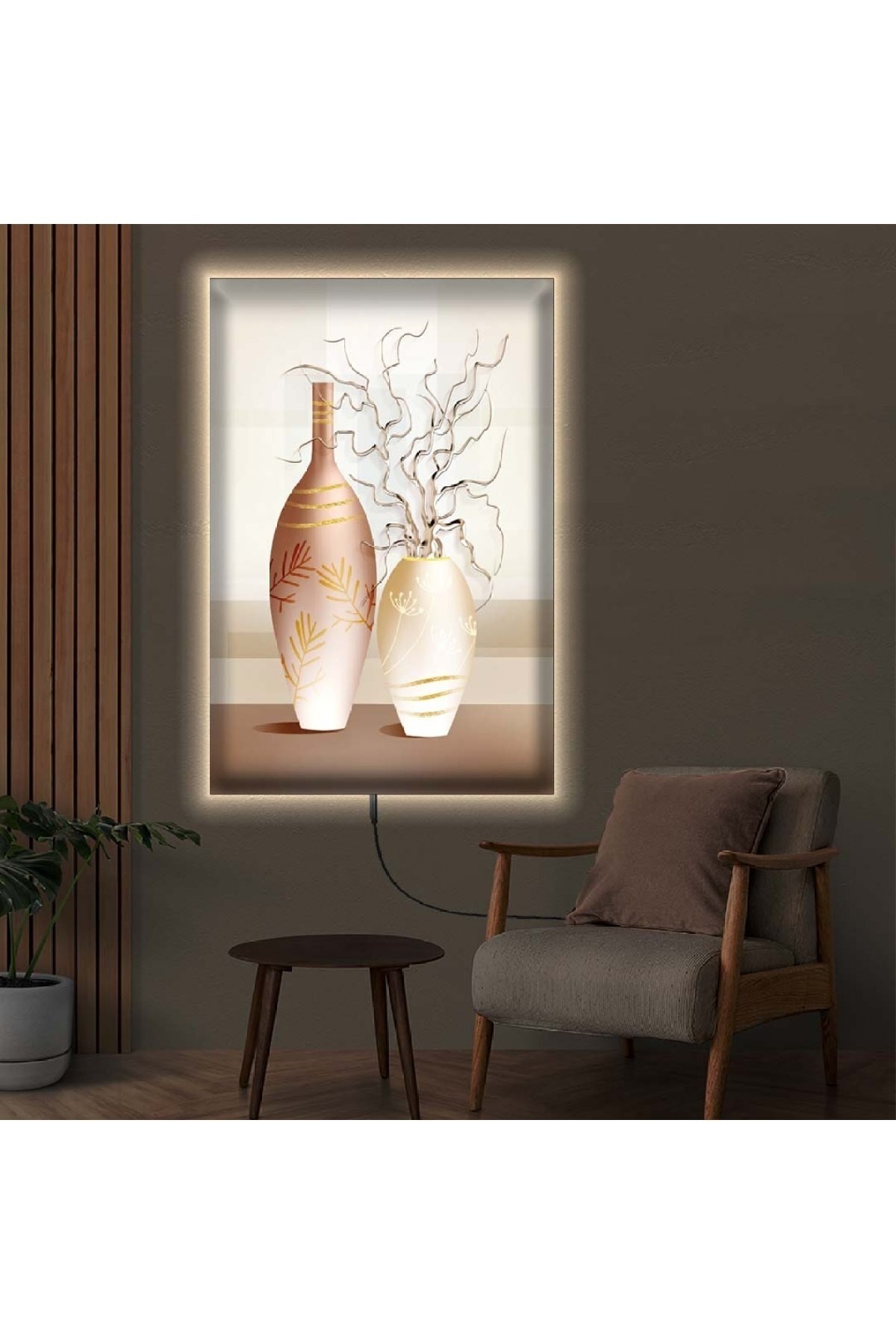 Ledli Kolaj Çizim Vazo Ahşap Şase Dijital Baskı Kanvas Tablo 50X70Cm