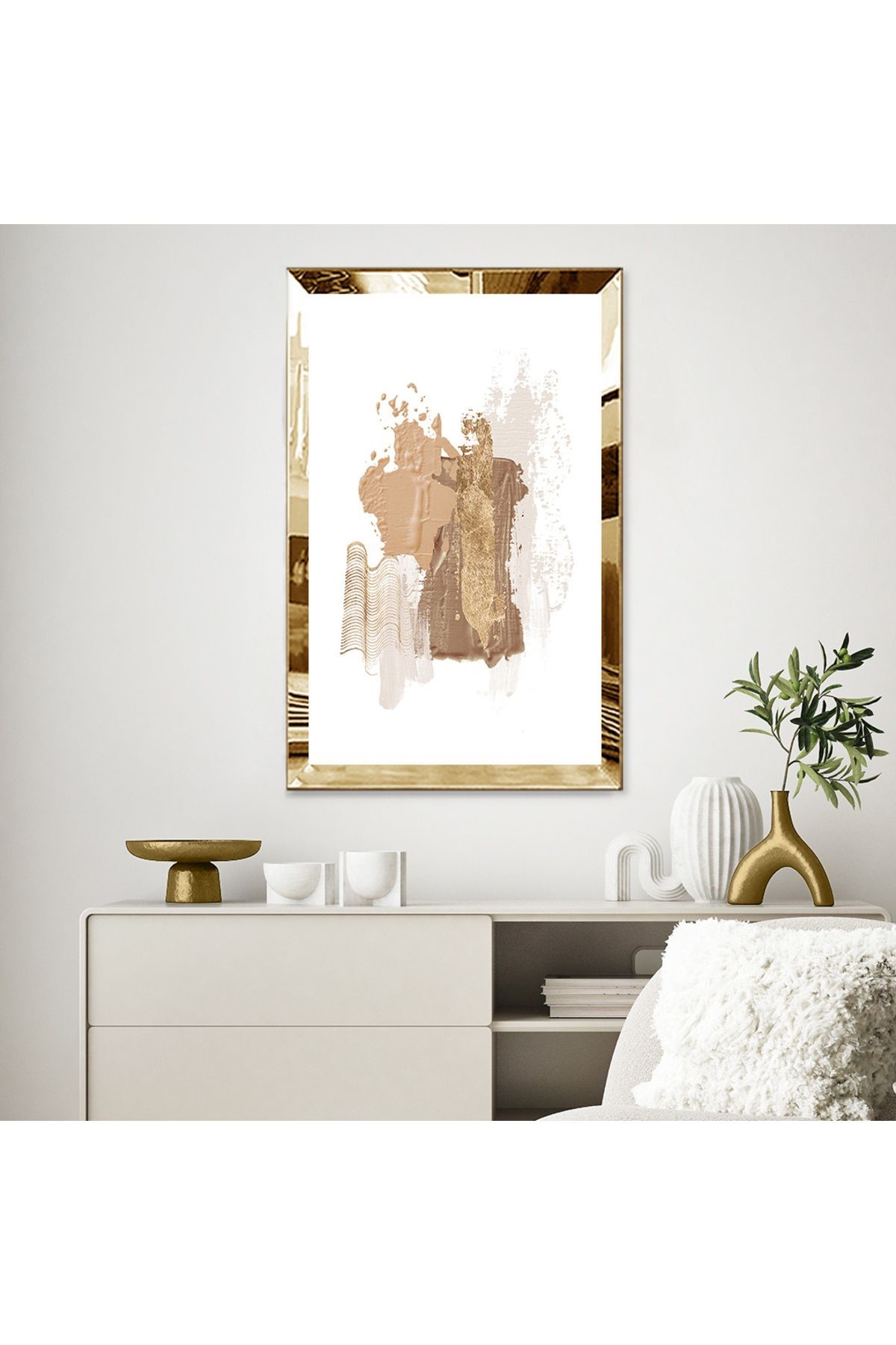 Gold Aynalı Pleksi Çerçeveli Minimal Tarzda Pastel Tonlu Soyut Tasarım Mdf Tablo