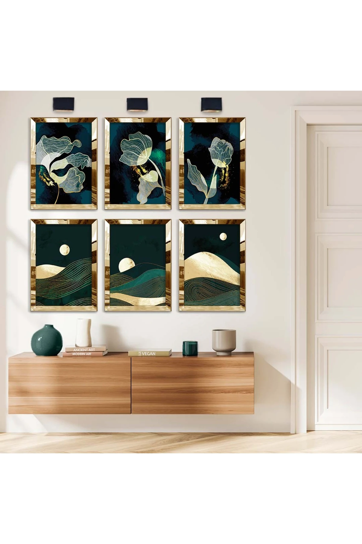 Renkli Kolaj Çizim Ve Çiçek Desen 6'Lı Pleksi Kenar Solmaz MDF Tablo Seti