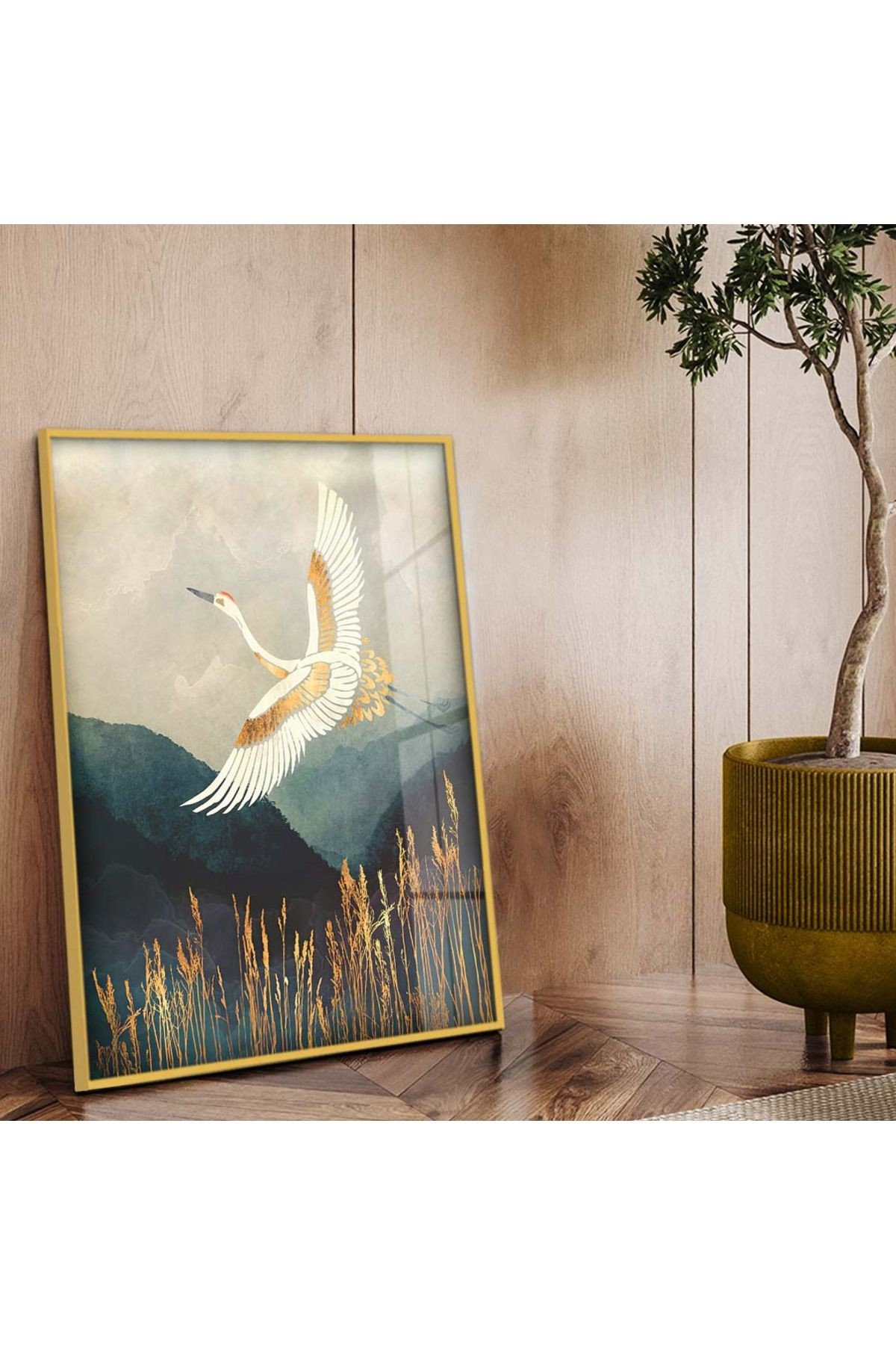 Gold Metal Çerçeveli Kuş Figürlü Modern Çizim Kırılmaz Cam Tablo