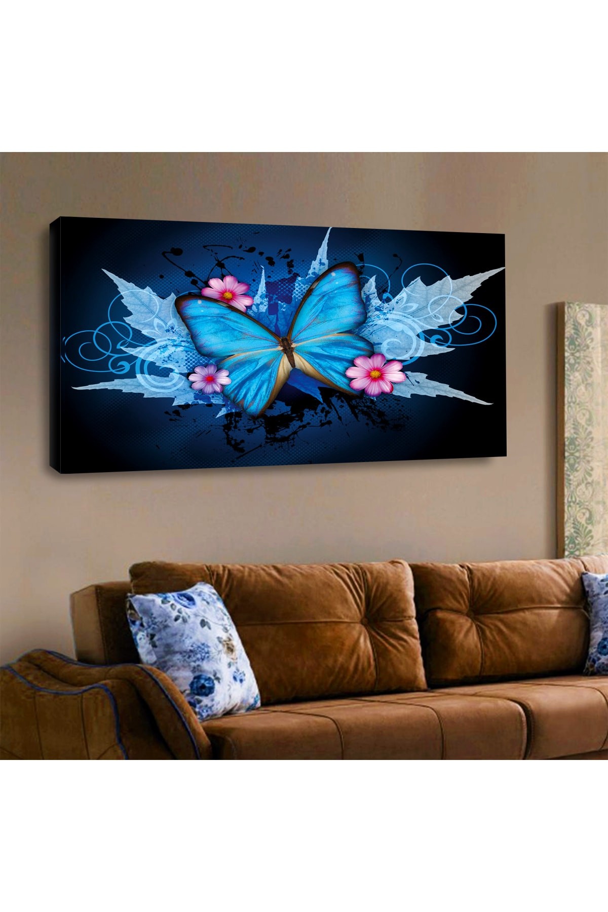 Ahşap Şase Dijital Baskı Kanvas Mavi Kelebek Tablosu 120X60Cm