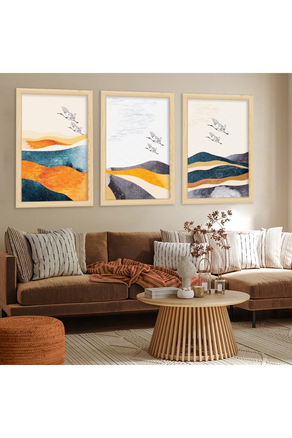 Canlı Salon Tablosu Ahşap Çerçeveli Kolaj Çizim Modern Tablo