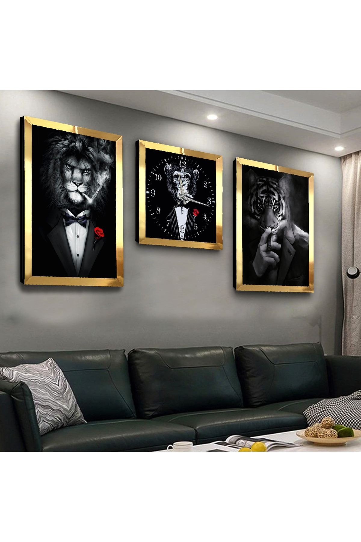 Gold Aynalı Pleksi Çerçeveli Tarz Hayvanlar Üçlü Mdf Tablo Seti Ve Saat Seti