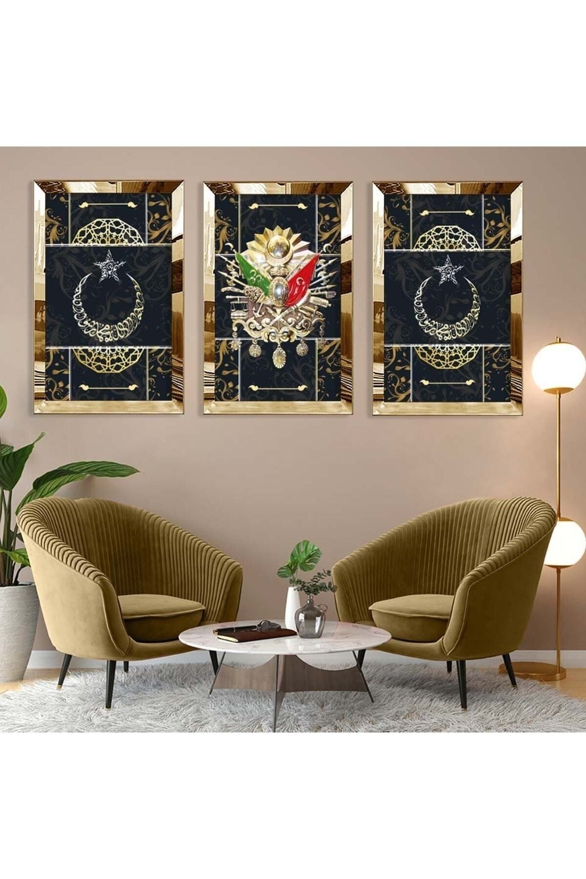 Gold Aynalı Pleksi Çerçeveli Osmanlı Tuğrası Üçlü Mdf Tablo Seti