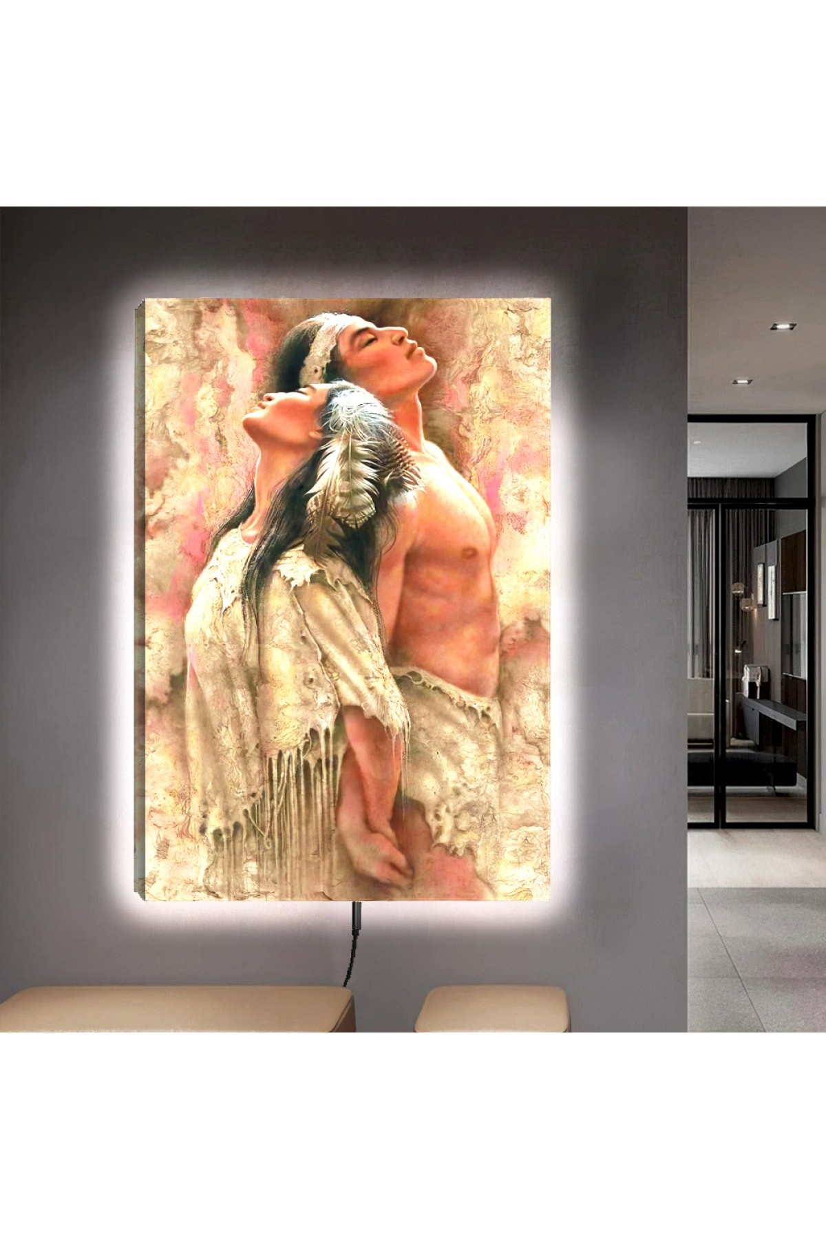 Ledli Kızıl Dereli Aşıklar Ahşap Şase Dijital Baskı Kanvas Tablo 90X60Cm