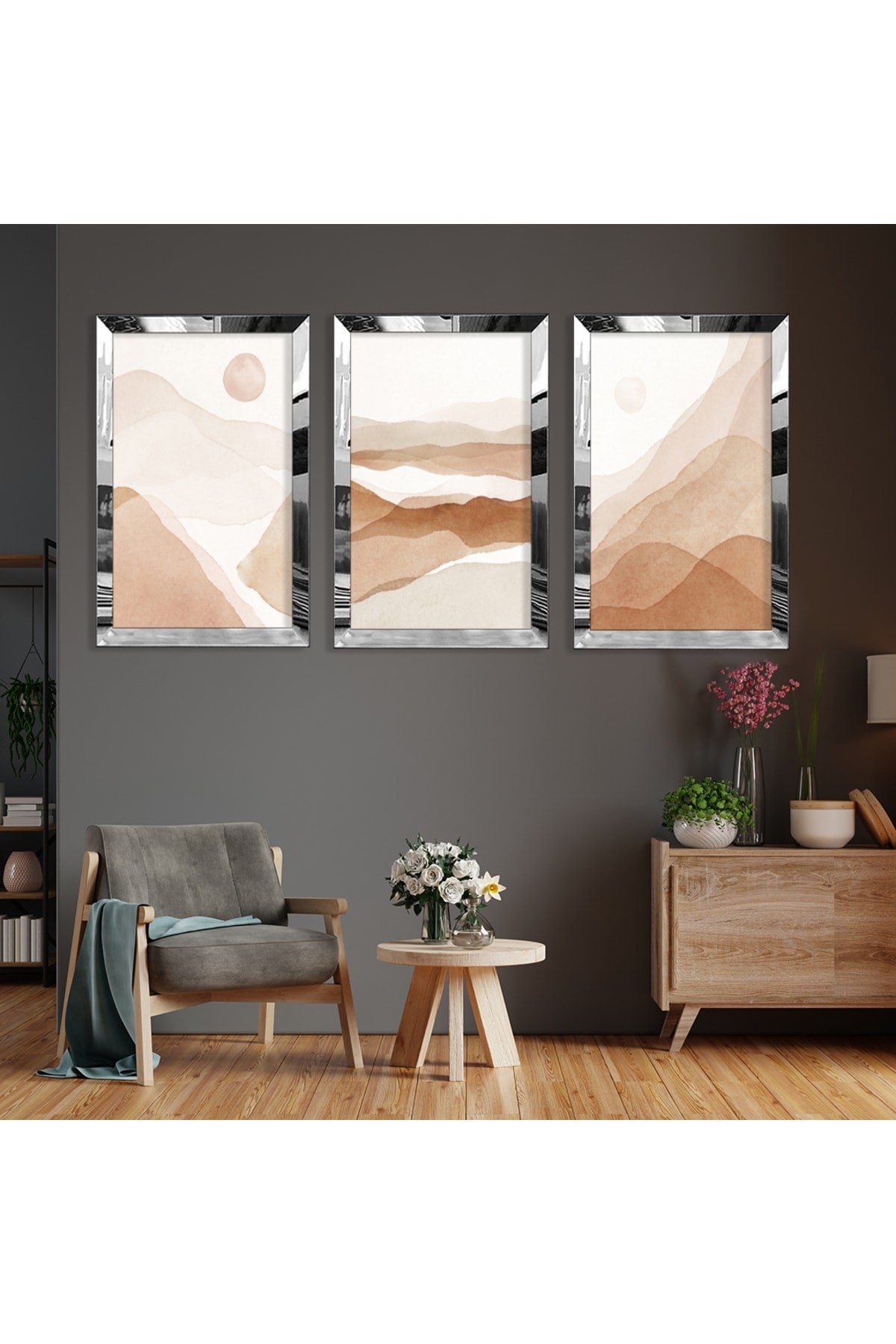 Minimalist Tablo Soyut Desen Dağ Gold Pleksi Kenar 3'Lü MDF Tablo Ve Saat Kombin