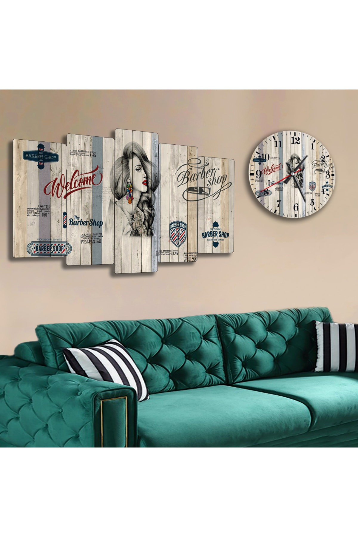 Barber Shop Ekstra Dayanıklı Solmaz MDF Tablo Ve Saat Kombin