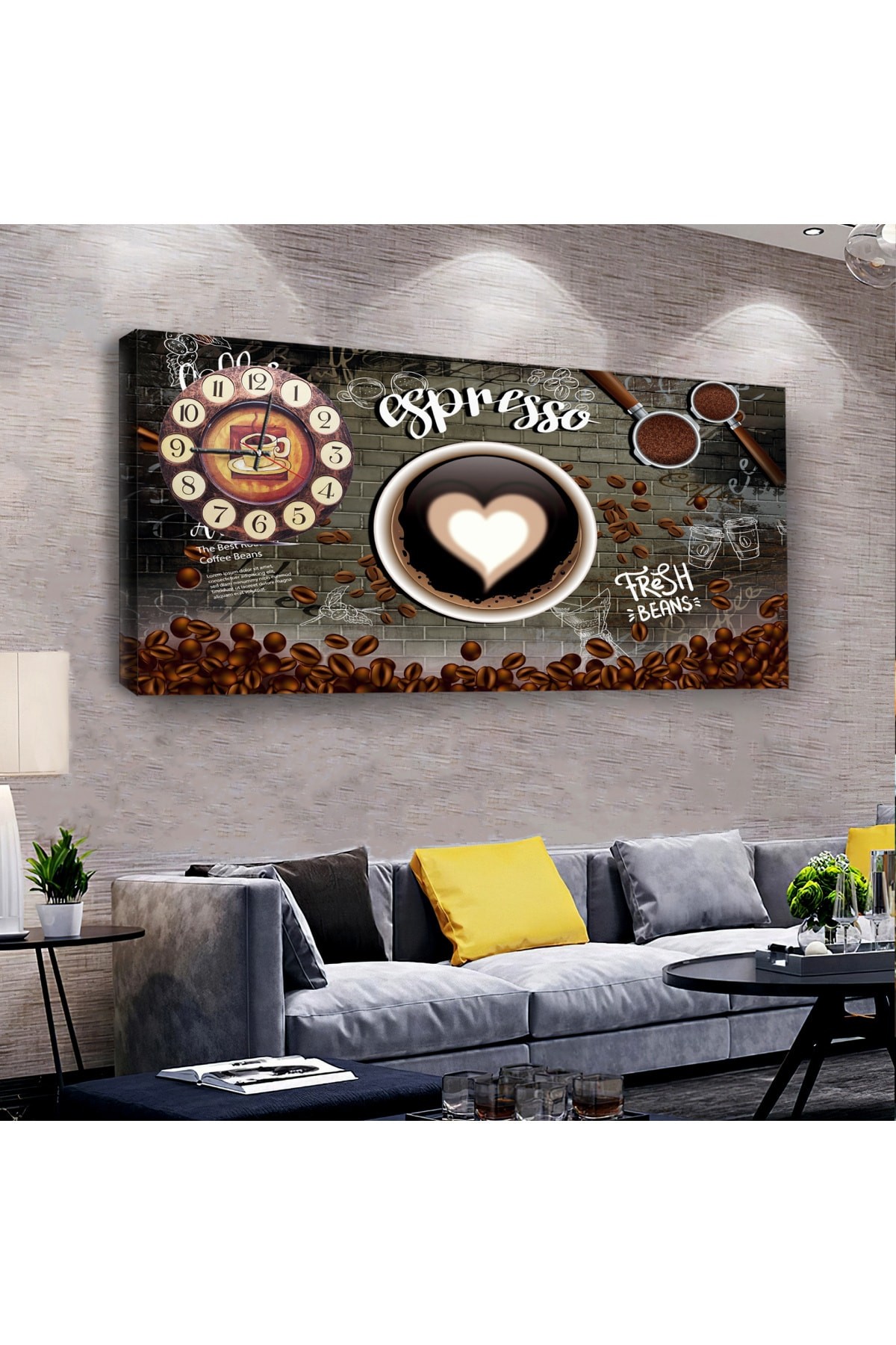 Espresso Kahve saatliAhşap Şase Dijital Baskı Kanvas Tablo 100X50Cm