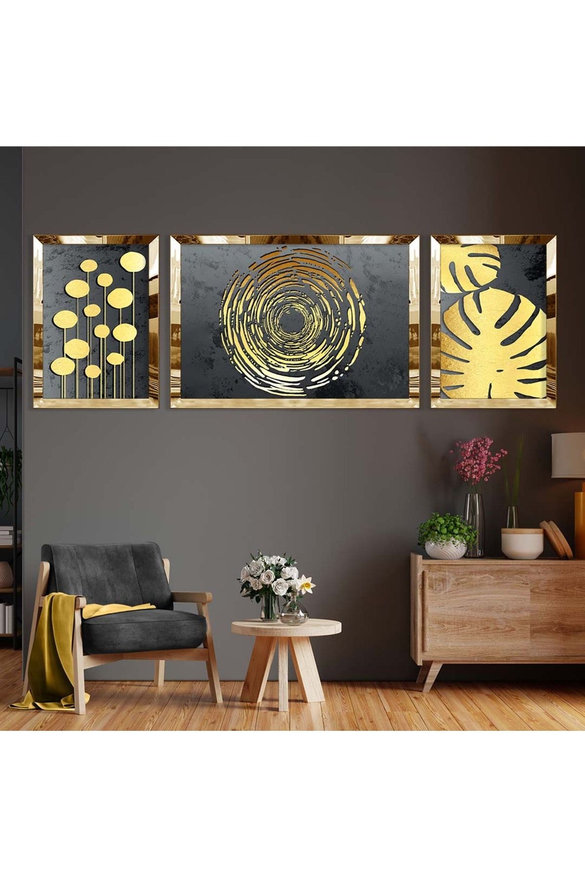 Gold Aynalı Pleksi Çerçeveli Üçlü Gri Arka Planlı Gold Desenli Mdf Tablo Seti