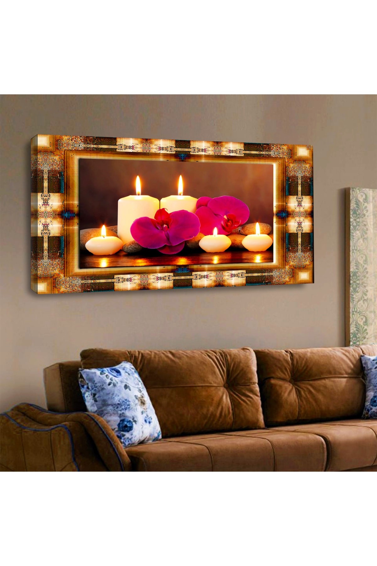Ahşap Şase Dijital Baskı Kanvas Mum Ve Çiçek Tablosu 120X60Cm