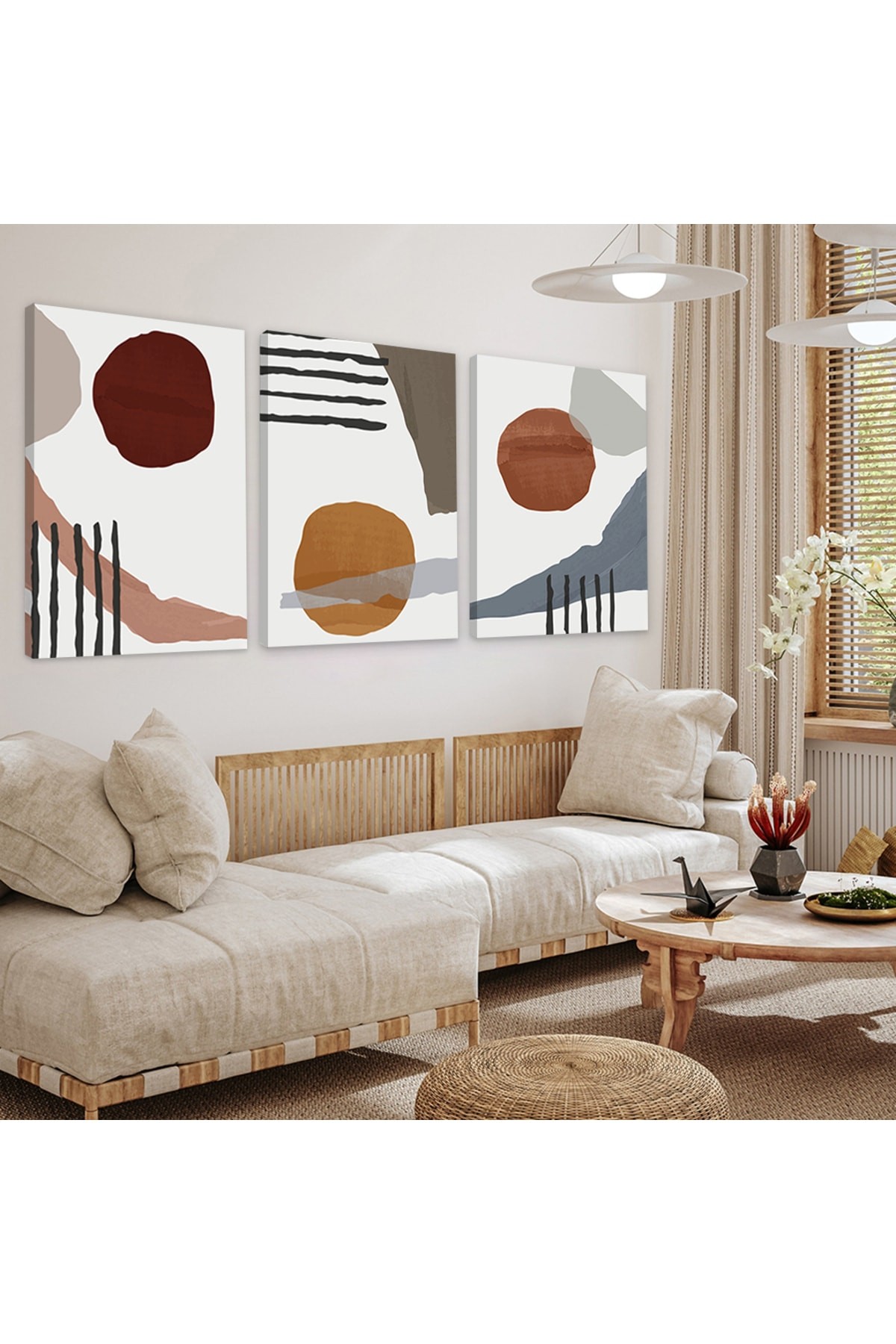 Sanat Tablosu Şekiller Soyut Desen 3'Lü Ahşap Şase Dijital Baskı Kanvas Tablo