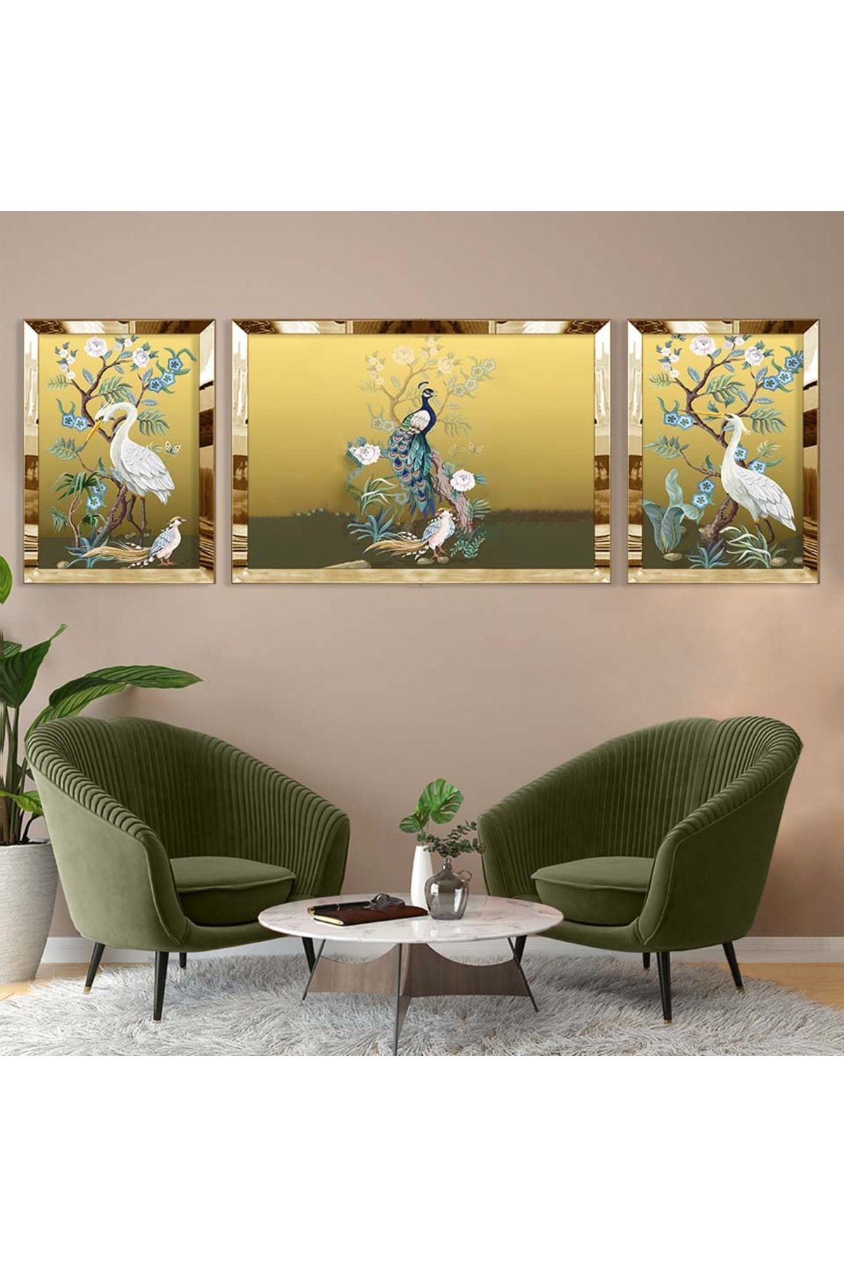 Gold Aynalı Pleksi Çerçeveli Üçlü Gold Arka Planlı Kuş Desenli Mdf Tablo Seti