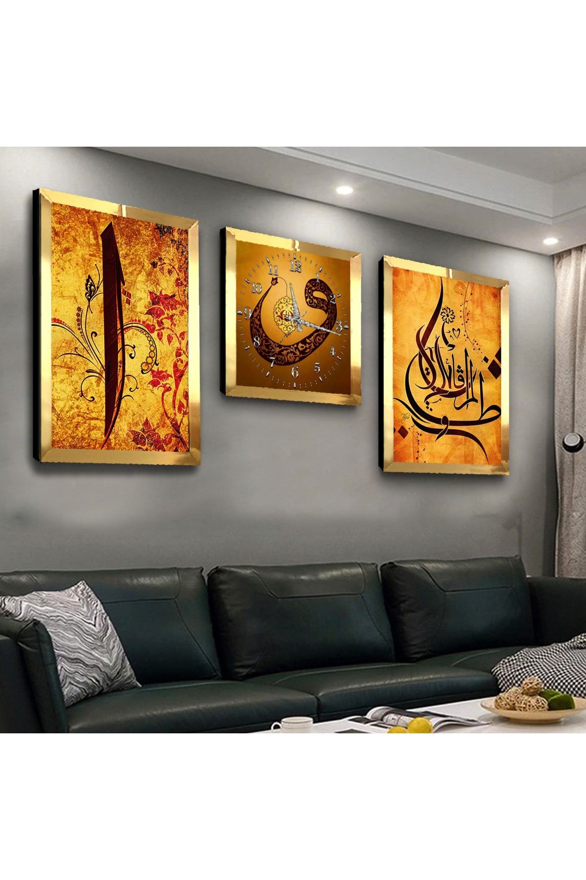 Gold Aynalı Pleksi Çerçeveli Elif Vav Dini Üçlü Mdf Tablo Seti Ve Saat Seti