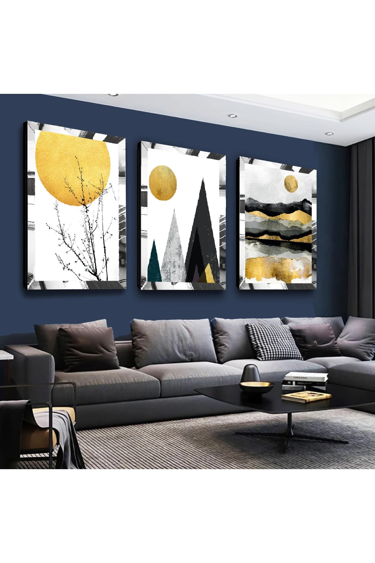 Kolaj Çizim Güneş Ve Dağ Gold Pleksi Kenar 3'Lü Solmaz MDF Tablo Seti