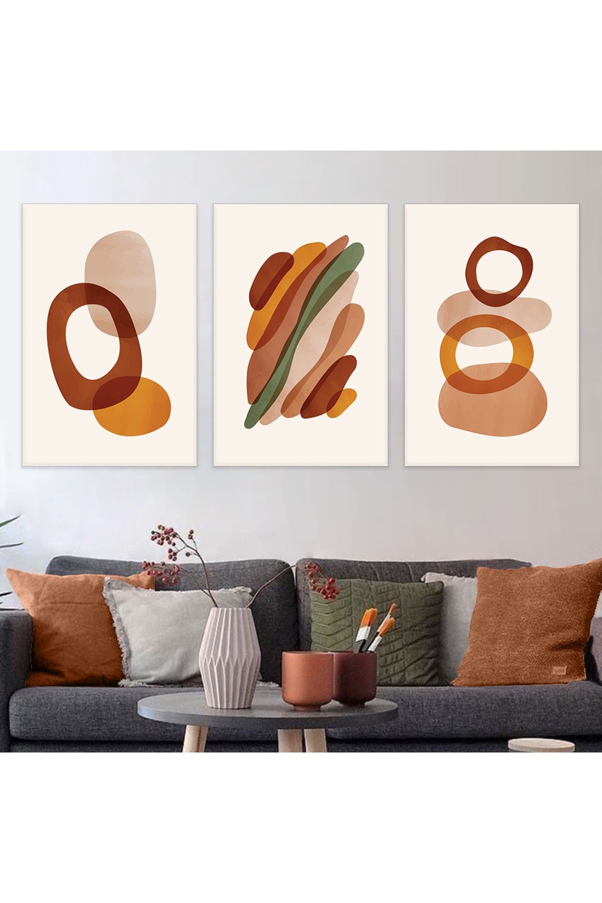 Sanat Tablosu Soyut Desen 3'Lü Ahşap Şase Dijital Baskı Kanvas Tablo