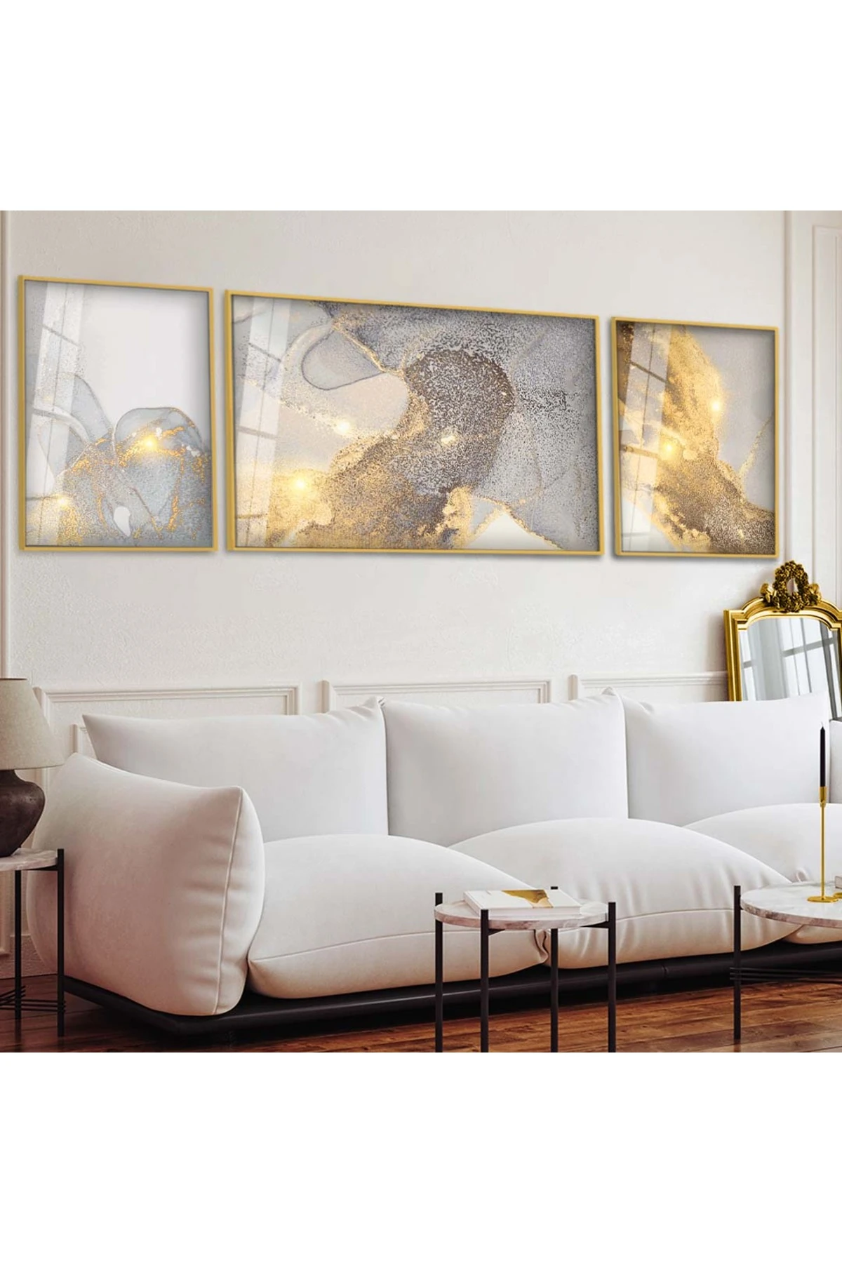 Özel Tasarım Salon Tablosu Çizim 3'Lü Metal Çerçeveli UV Baskı Kırılmaz Cam Tablo