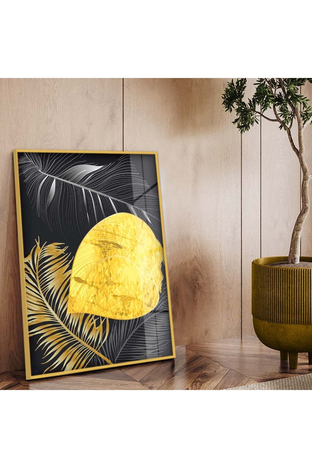 Gold Metal Çerçeveli Kolaj Çizim Yaprak Desen Kırılmaz Cam Tablo