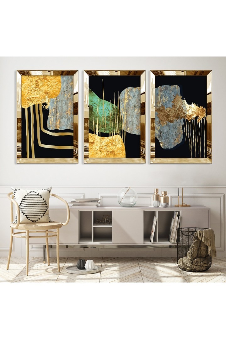 Oturma Odası Tablosu Soyut Desen Yaprak Gold Pleksi Kenar 3'Lü Solmaz MDF Tablo