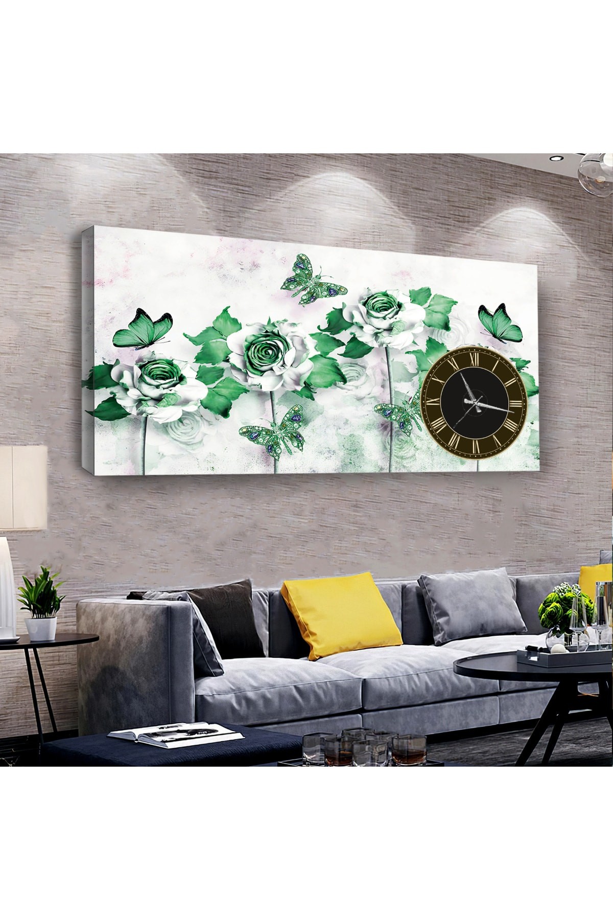 Sanatsal Beyaz Çiçek saatliAhşap Şase Dijital Baskı Kanvas Tablo 120X60Cm