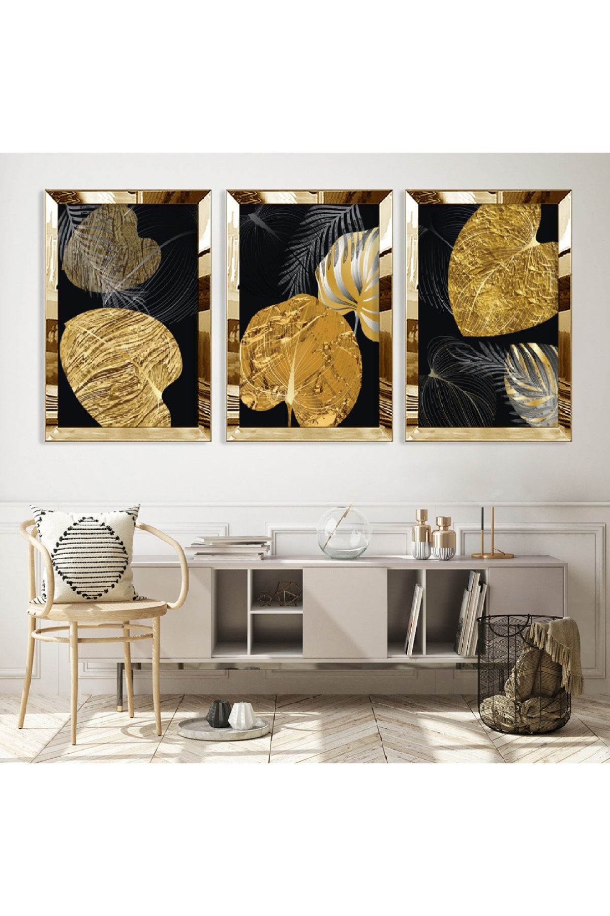 Gold Aynalı Pleksi Çerçeveli Aynalı Üçlü Mdf Tablo Seti
