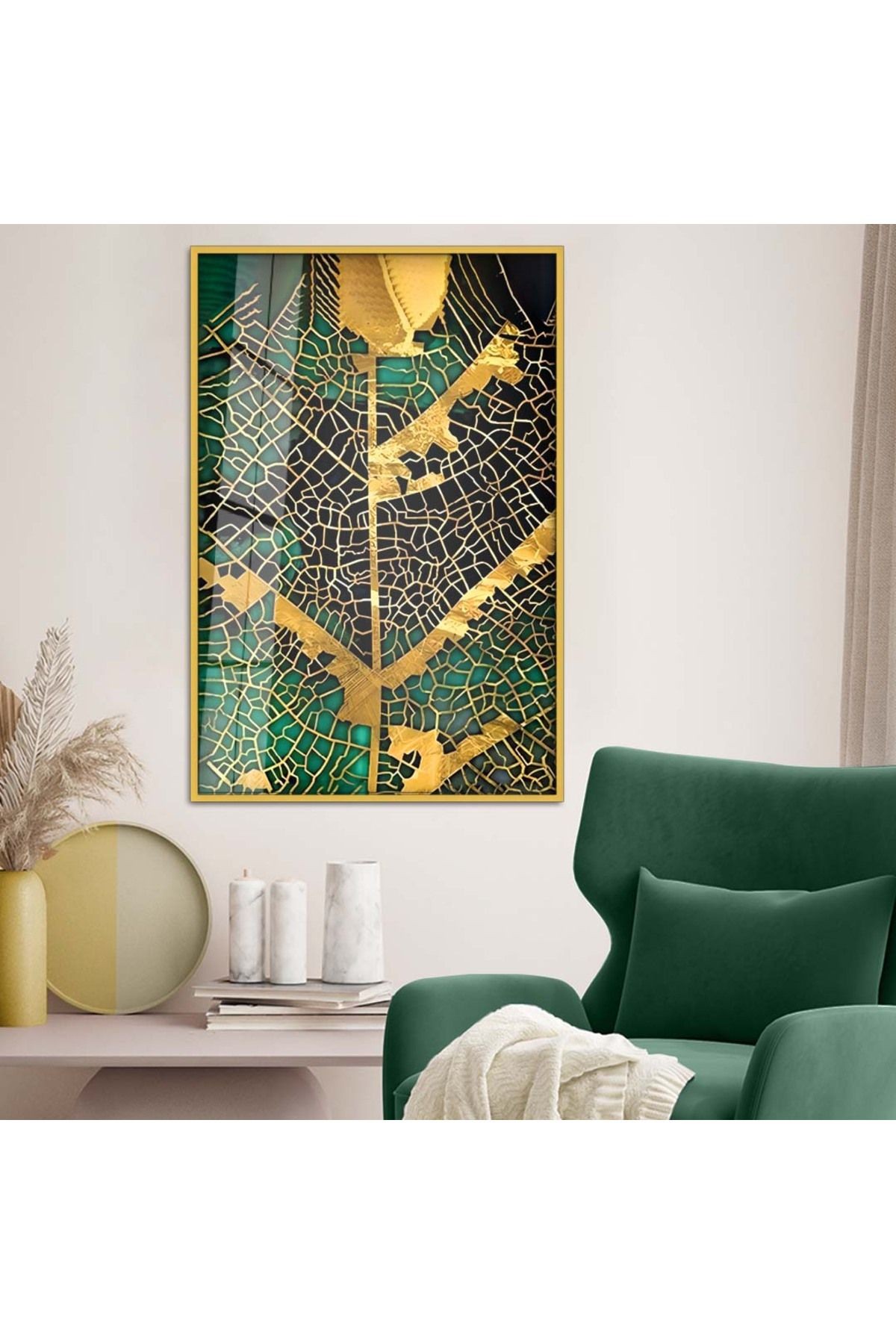 Gold Metal Çerçeveli Soyut Tema Modern Çizim Kırılmaz Cam Tablo