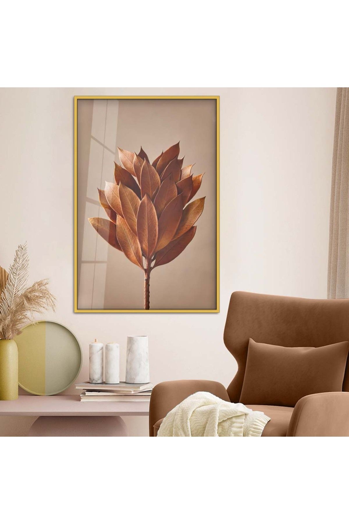 Gold Metal Çerçeveli Yaprak Desen Kırılmaz Cam Tablo