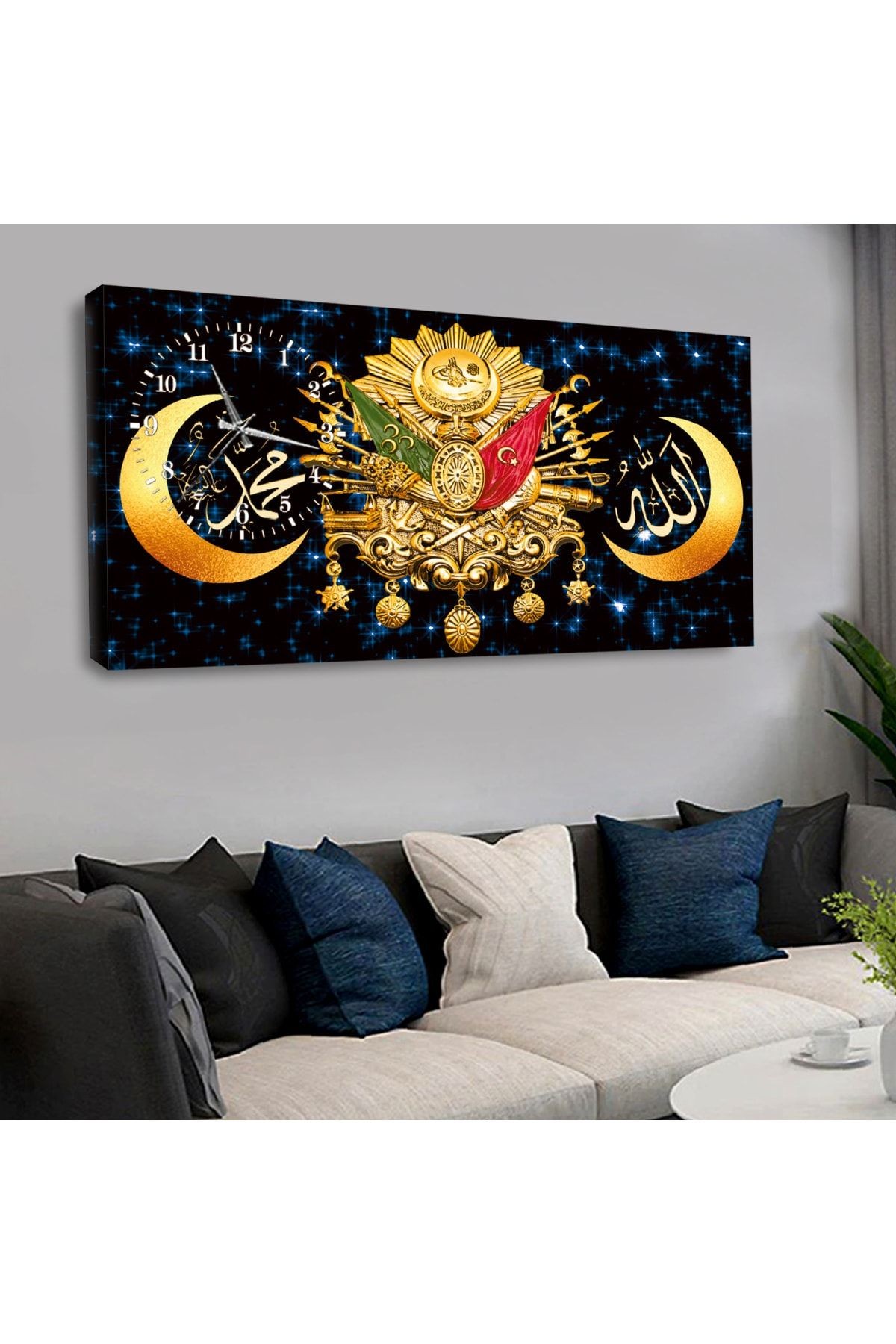 120x60 Saatli Osmanlı Tuğrası Kanvas Tablo