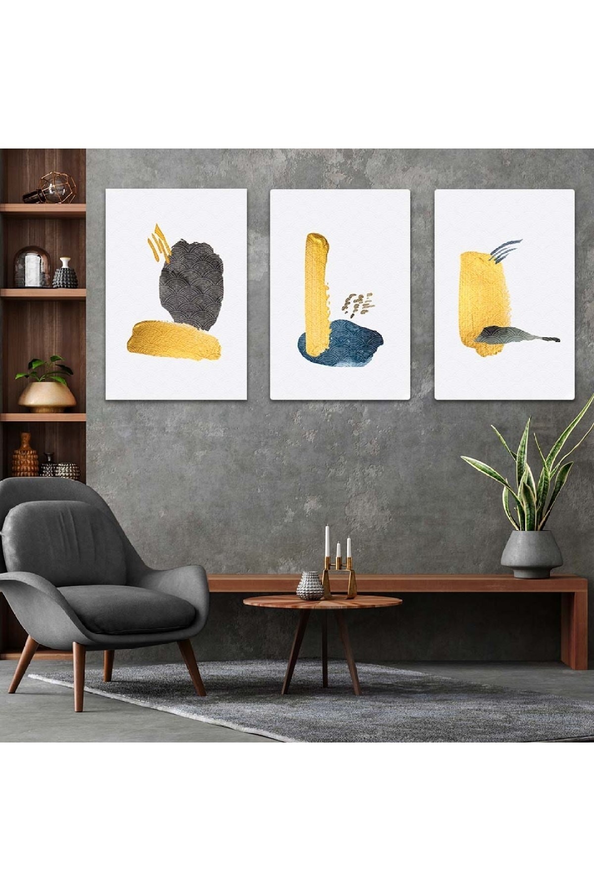 Modern Tablo Soyut Desen Şekiller 3'Lü Solmaz MDF Tablo Set