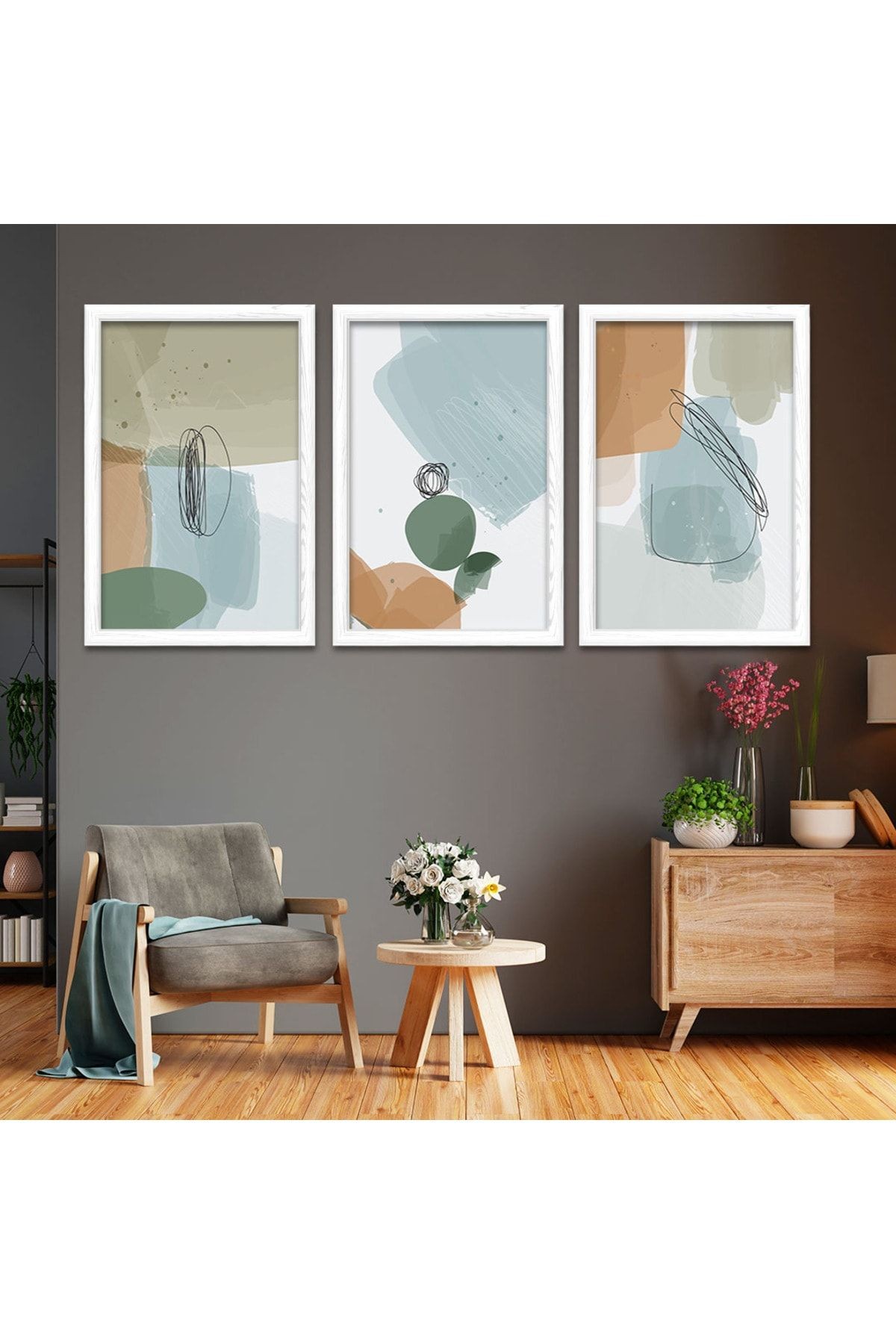Beyaz Ahşap Çerçeveli Kolaj Çizim Modern Tablo