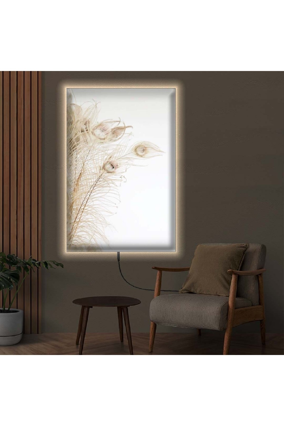 Minimalist Ledli Sonbahar Çiçekleri Ahşap Şase Dijital Baskı Kanvas Tablo 90X60Cm