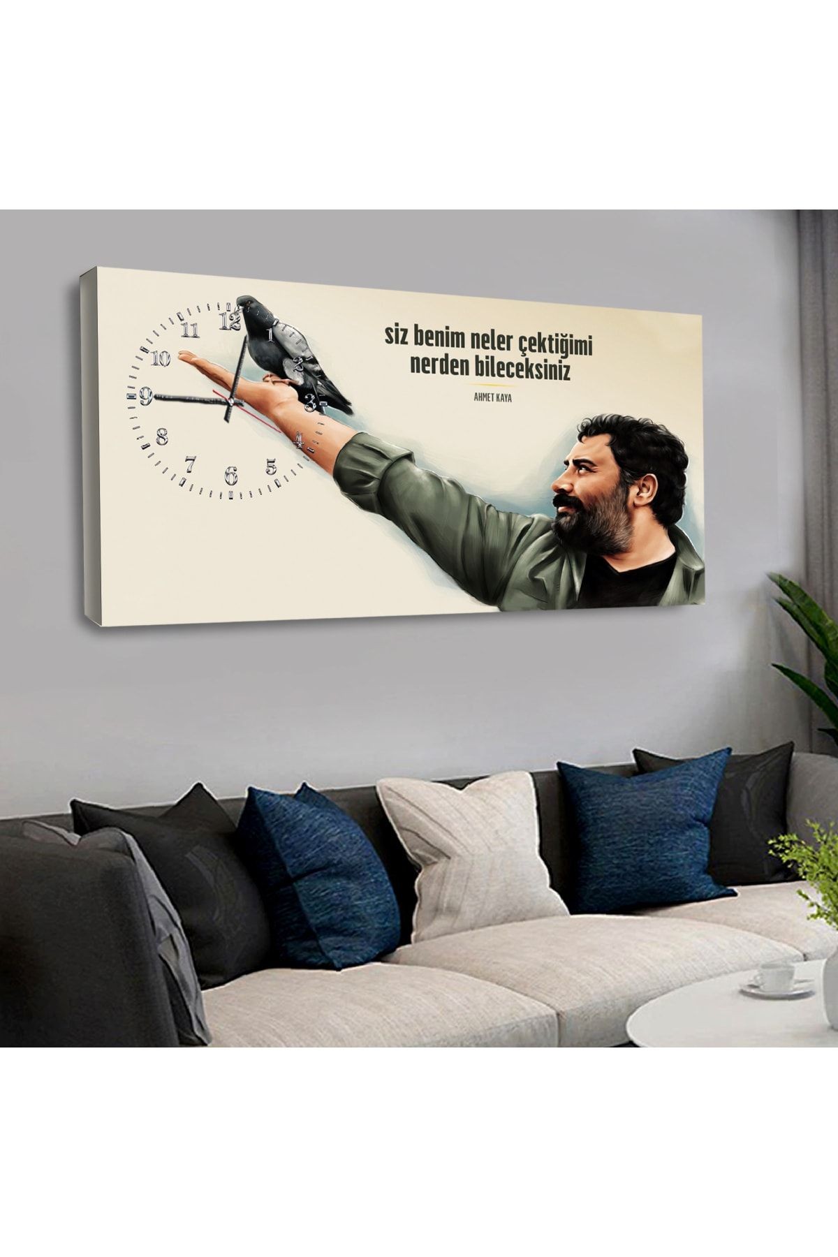 Kanvas Beyaz Arka Planlı Ahmet Kaya Ve Güvercin Saatli Tablo